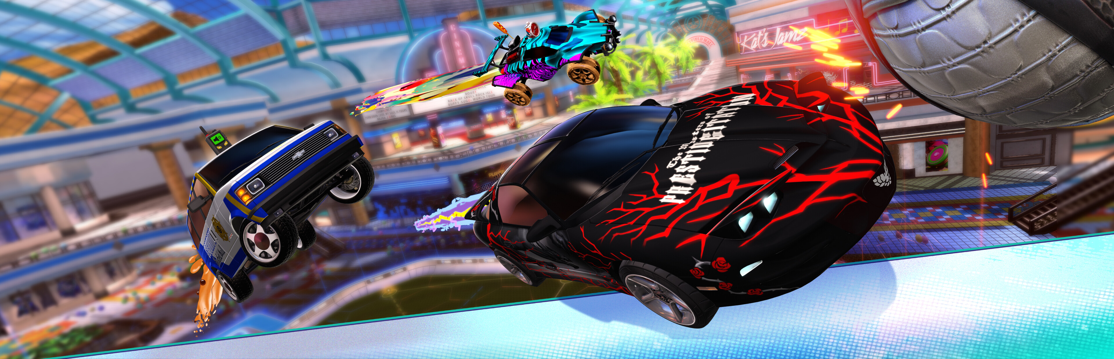 Rocket League car on an open field used to visualize rotation space between offense and defense