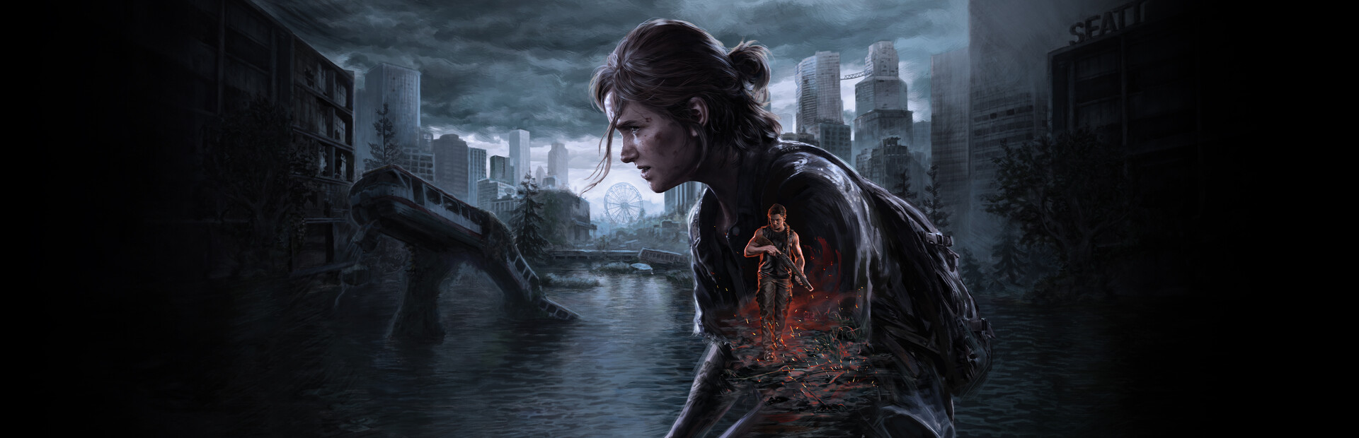 Official The Last of Us Part II Remastered artwork showing Ellie in Seattle, where side buildings can contain safes