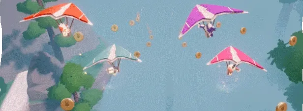 兩位機器人使用滑翔翼在空中飛行,跨越巨大的鴻溝。