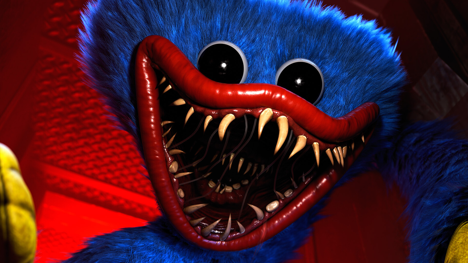 Close view of Huggy Wuggy reminding players to run forward during chases