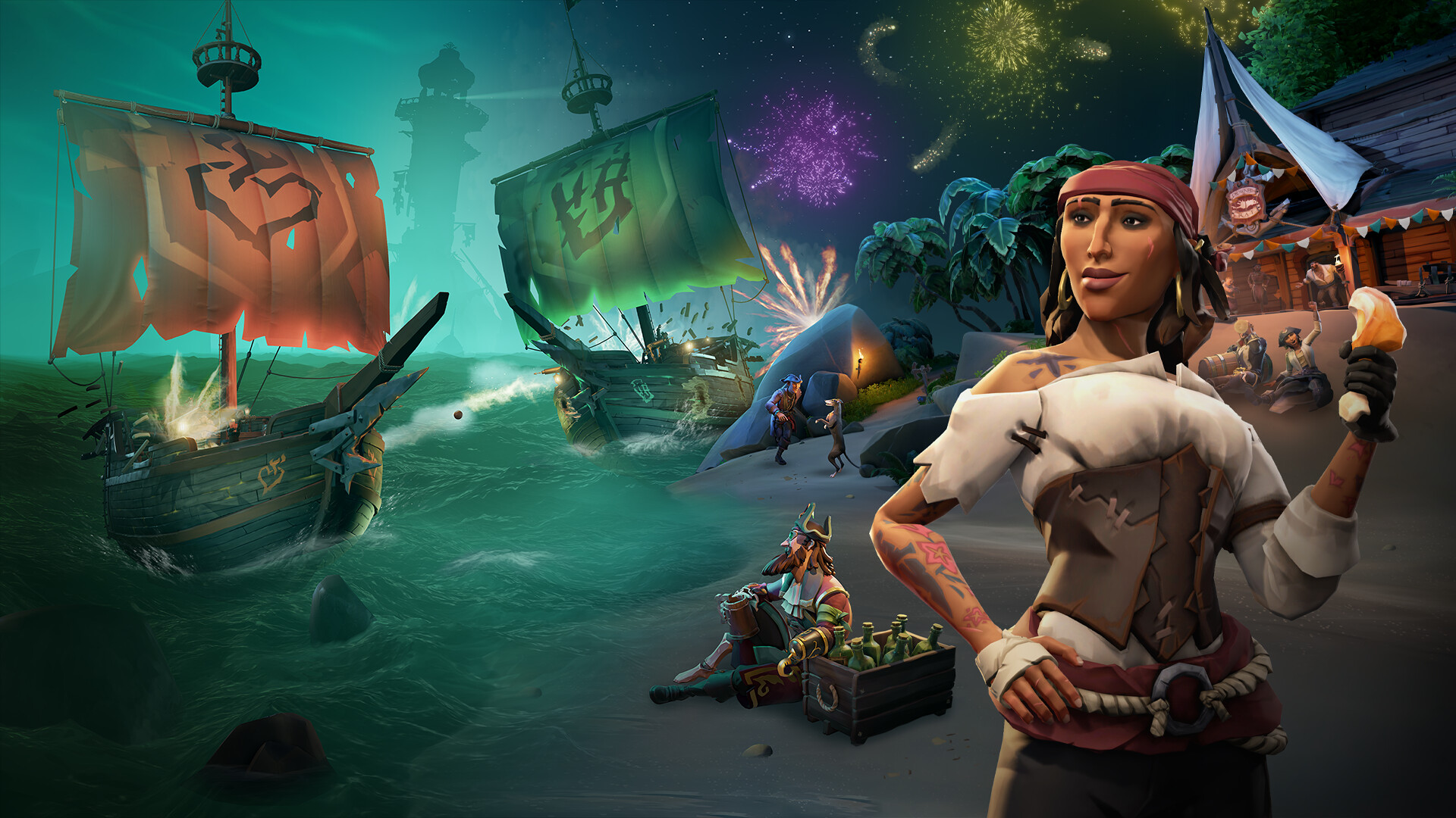Two Sea of Thieves ships fighting at sea, showing the High Seas pressure players should prepare for after Safer Seas