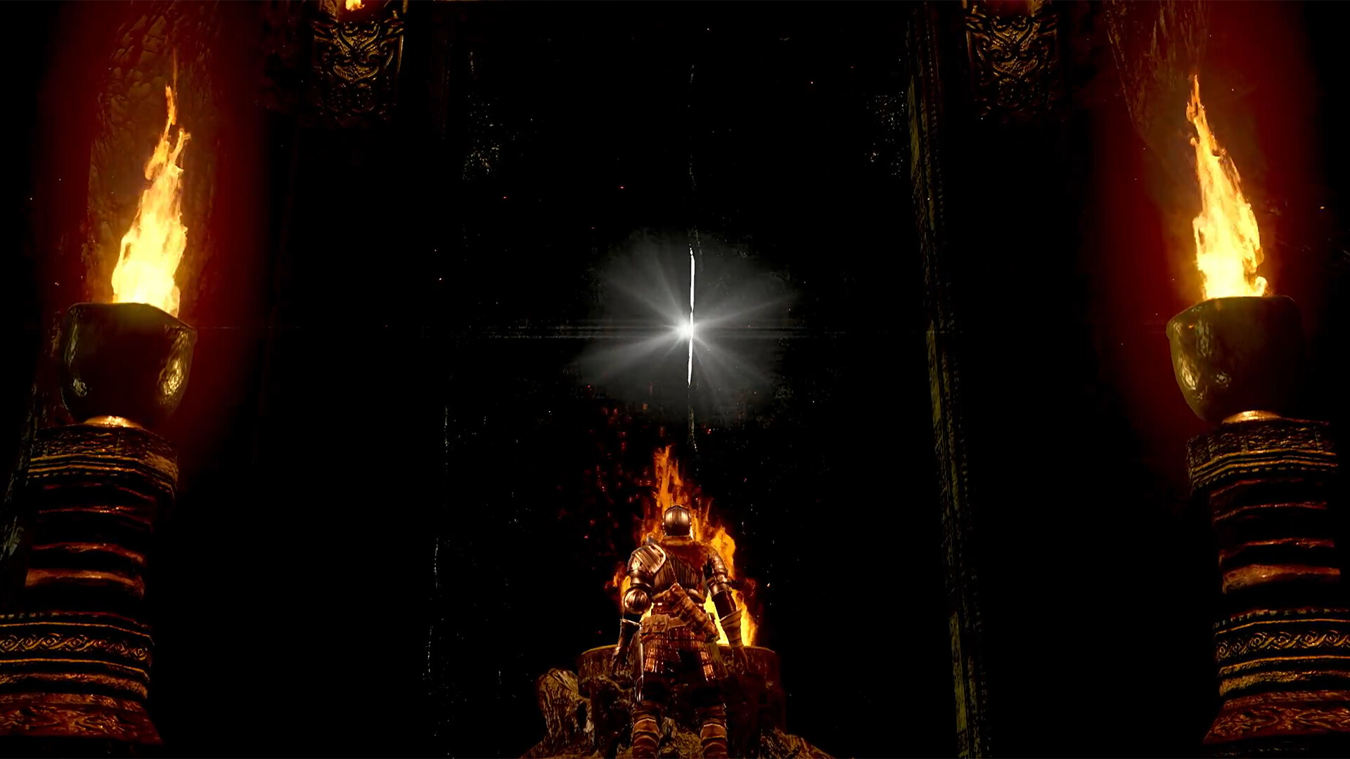 لقطة لعب تُظهر أجواء النار (Bonfire) في Dark Souls Remastered