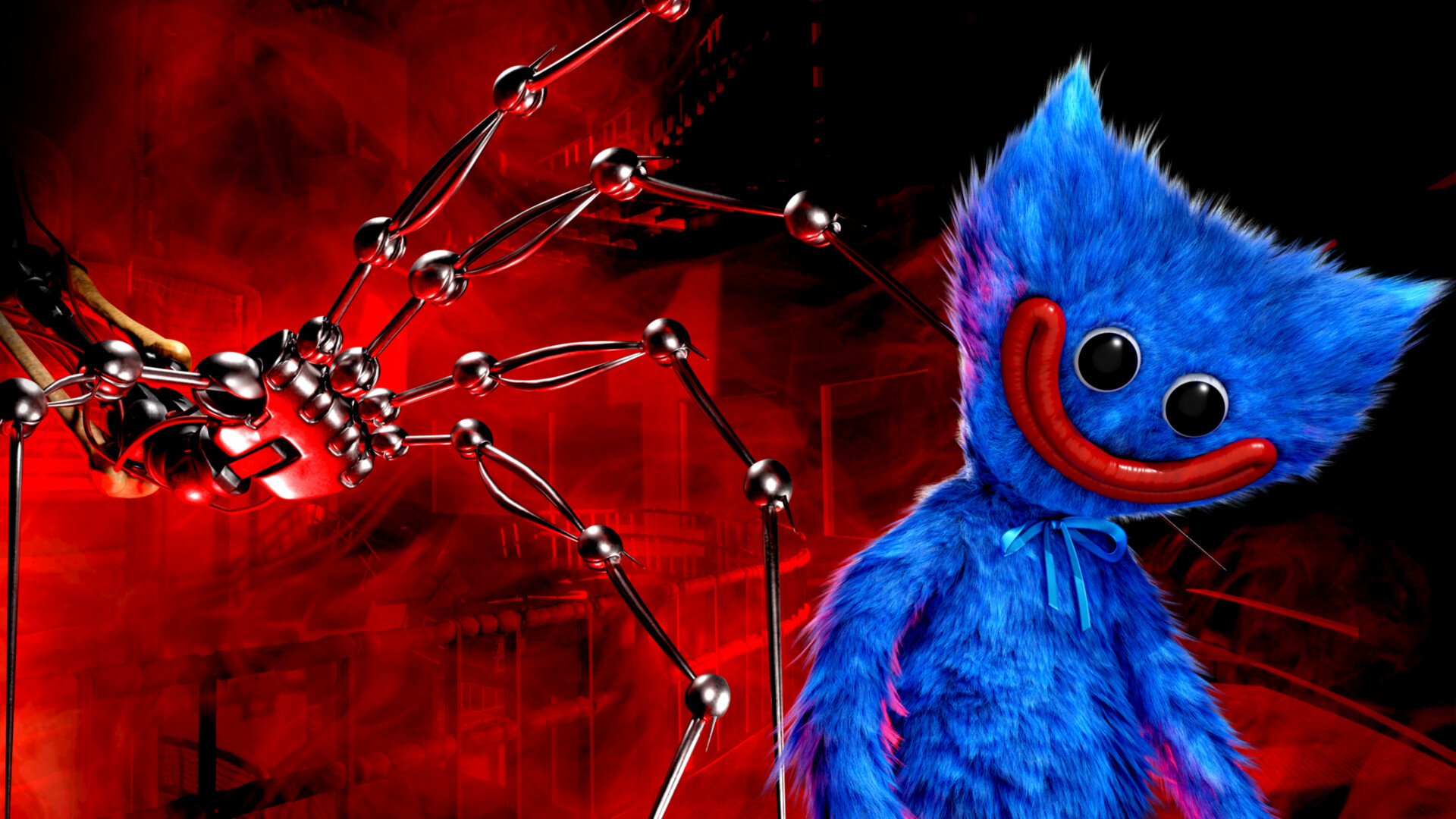 Arte promocional de Poppy Playtime 5 com Huggy Wuggy e elementos mecânicos ao fundo