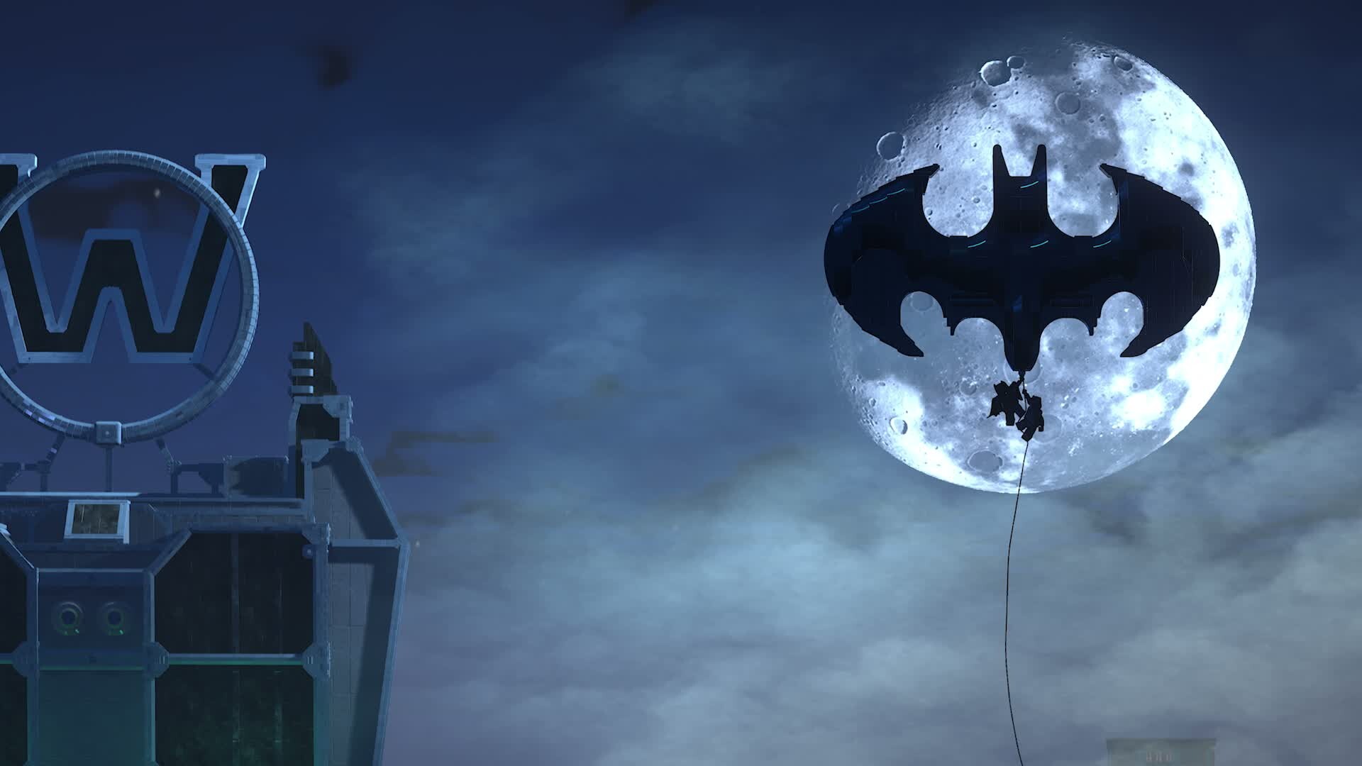LEGO Batman gliding over Gotham City in the launch trailer