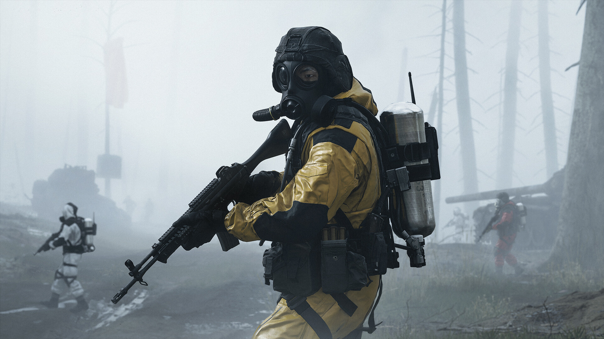 Operatore equipaggiato in una zona nebbiosa della modalità DMZ di Modern Warfare 4