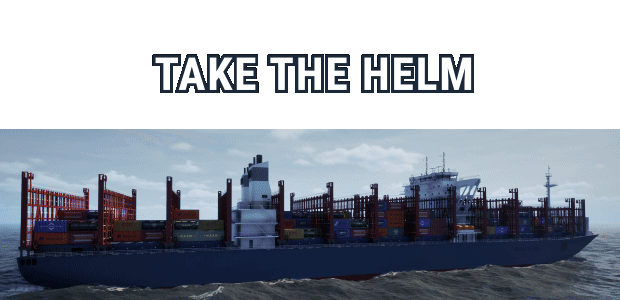 Ảnh bìa quảng cáo game Seafarer The Ship Sim "TAKE THE HELM" với tàu container.