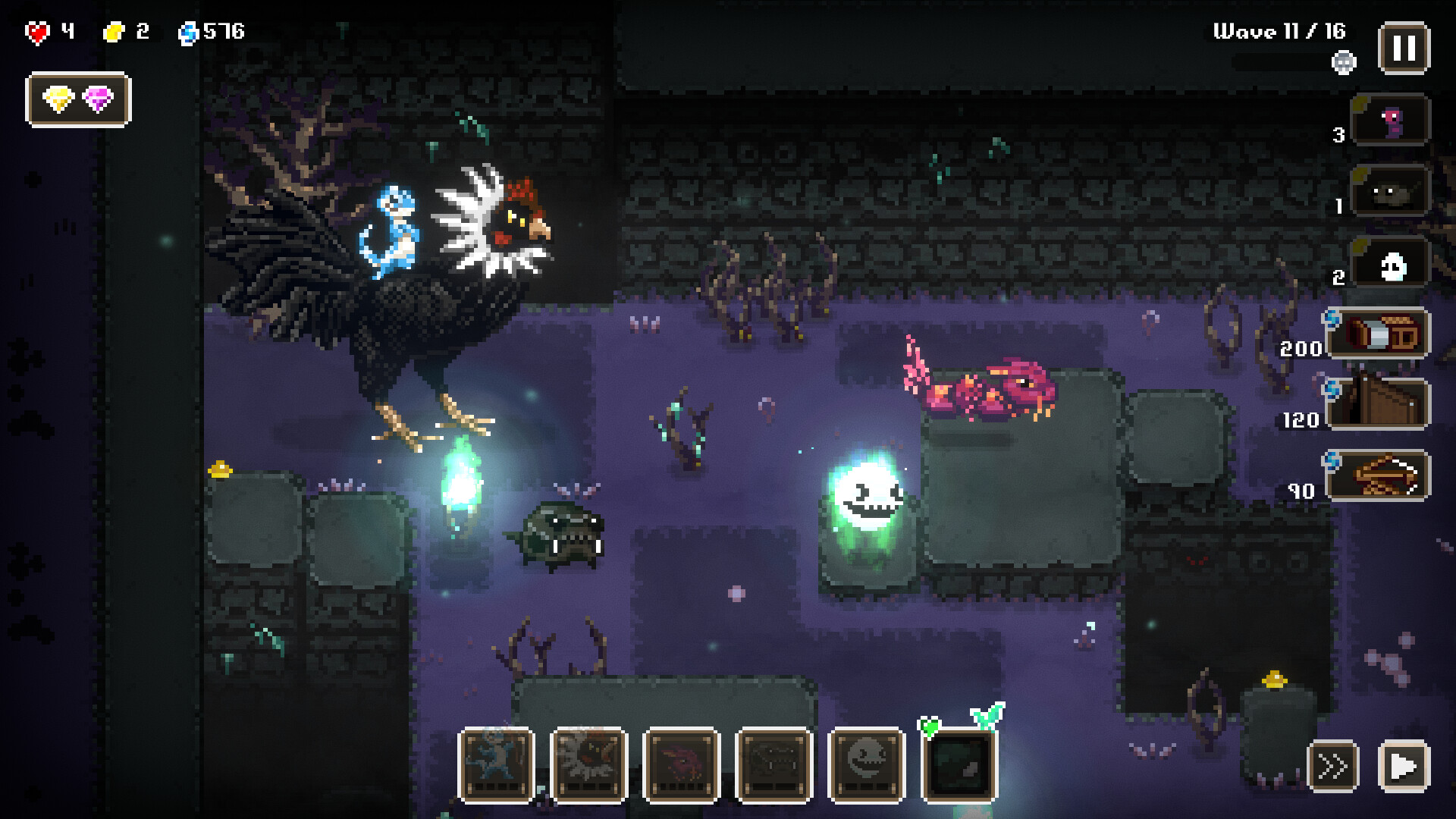 The image depicts a pixel art video game scene set in a dark, eerie environment with purple ground and scattered patches of dead vegetation. Various fantastical creatures are present, including a large black bird with a red comb and white ruff, carrying a small glowing blue figure, as well as a menacing black spiked creature, a pink lizard-like monster, and a floating, glowing white ghost with a smiling face. Game interface elements surround the scene, showing player stats like hearts, currency, and wave count (wave 11 of 16), along with icons for characters or abilities at the bottom and right side of the screen. The overall atmosphere suggests a strategic or tower defense game with a supernatural theme.