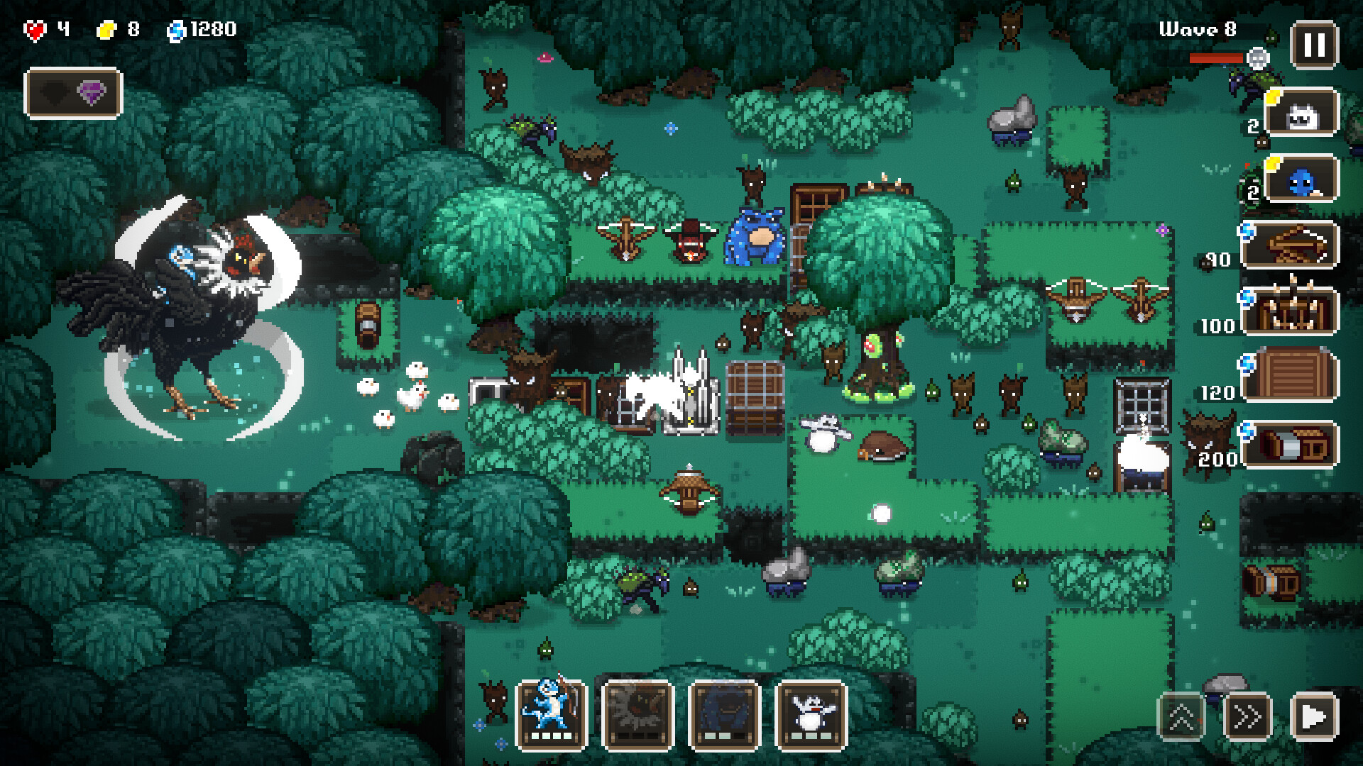 The image shows a pixel-art style forest scene from a video game, where various creatures and defensive units are positioned on a grid-like terrain surrounded by dense, dark green trees. On the left, a large black bird-like creature with white accents and sharp claws appears ready to attack, surrounded by smaller white chicks. To the right, a variety of small, dark brown creatures resembling stags or forest spirits are scattered among different defensive structures like crossbows and traps. The top right corner displays a game interface indicating 'Wave 8' with health and pause buttons, while the bottom features icons representing available units or abilities for deployment. The overall atmosphere is a blend of whimsical fantasy and strategic defense gameplay.