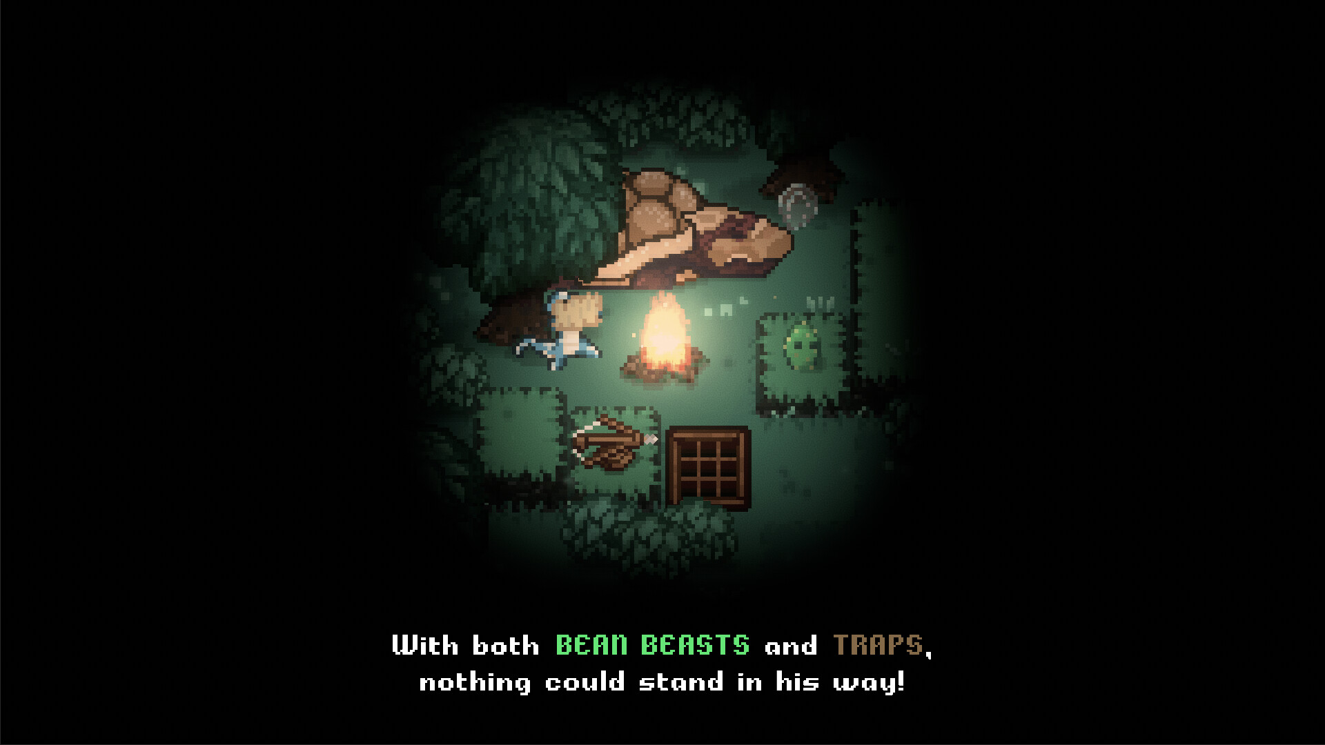 The image shows a pixelated scene from a video game with a small character standing next to a campfire in a dark, forested area. Surrounding the character are various elements such as bushes, a large rock formation, a wooden trap, and some glowing objects. The scene is dimly lit by the campfire, creating a circular glow in the center while the edges fade into darkness. Below the scene, white and colored text reads: 'With both BEAN BEASTS and TRAPS, nothing could stand in his way!'