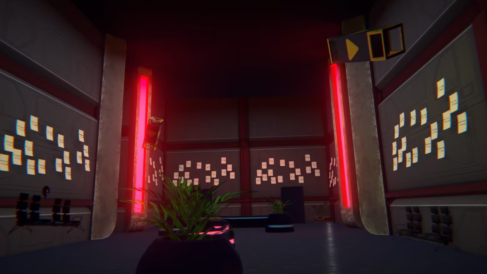 A room aboard the Samos with walls covered in notes and red lighting.