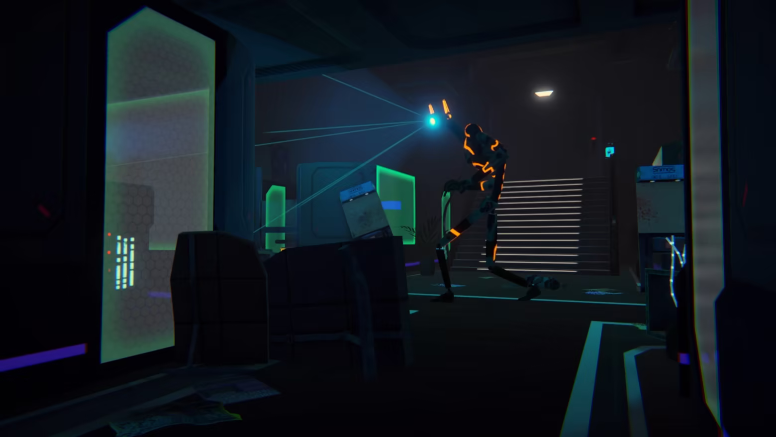 A robot with orange lights patrols a room aboard the Samos among furniture and neon lights.