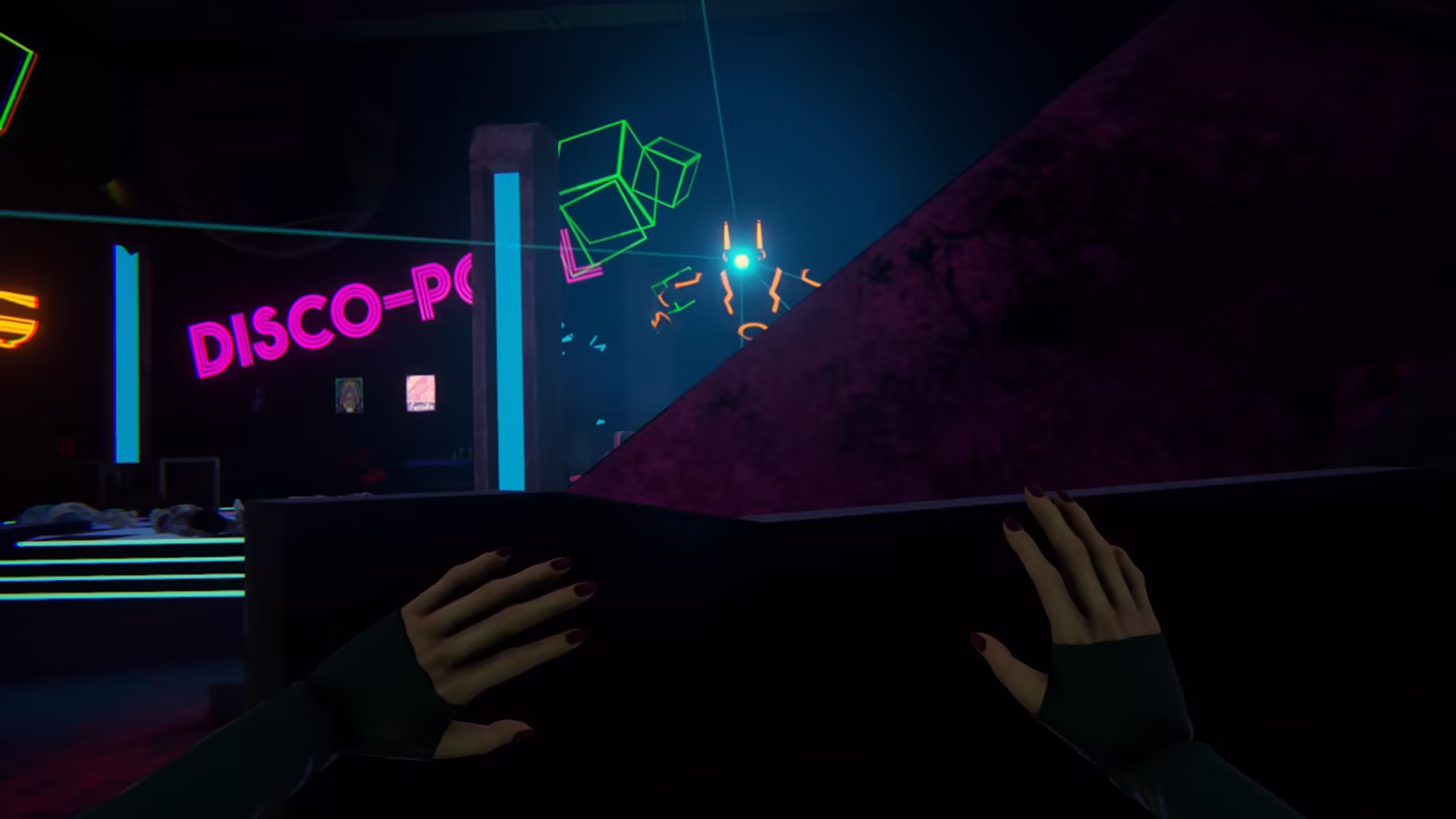 Jessi hides behind cover while a robot patrols on the other side.