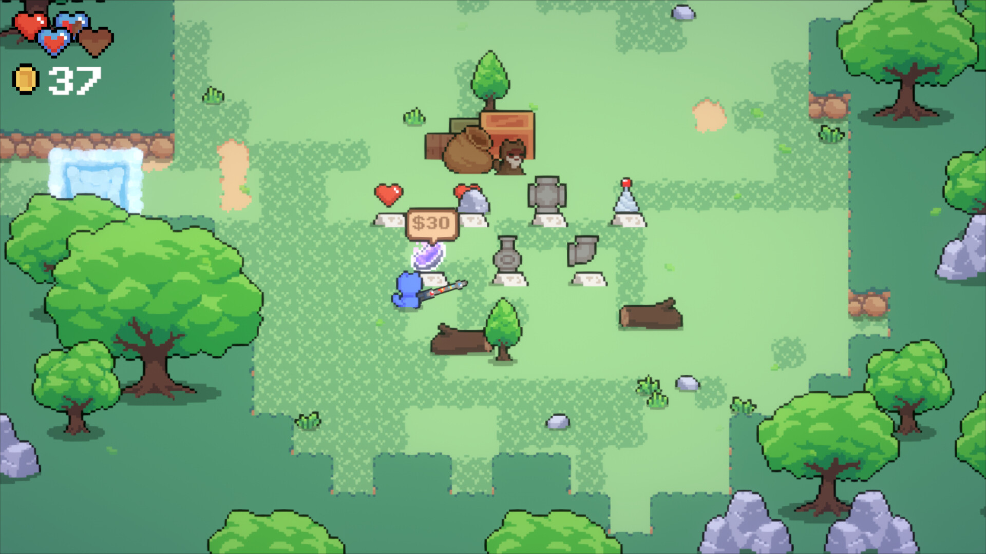 The image shows a pixel-art style video game scene set in a grassy forest clearing surrounded by green trees and scattered rocks. In the center, a small blue character with a red heart above its head stands near a grid of pedestal-like platforms displaying various items, including armor pieces, a cone-shaped object, and a shiny purple item with a price tag of $30. In the upper-left corner, there is a user interface showing three heart icons-two red and one brown-and a coin count of 37. The environment features details like logs, bushes, and a small gorilla-like creature near some crates and pots, contributing to the natural, adventurous atmosphere.