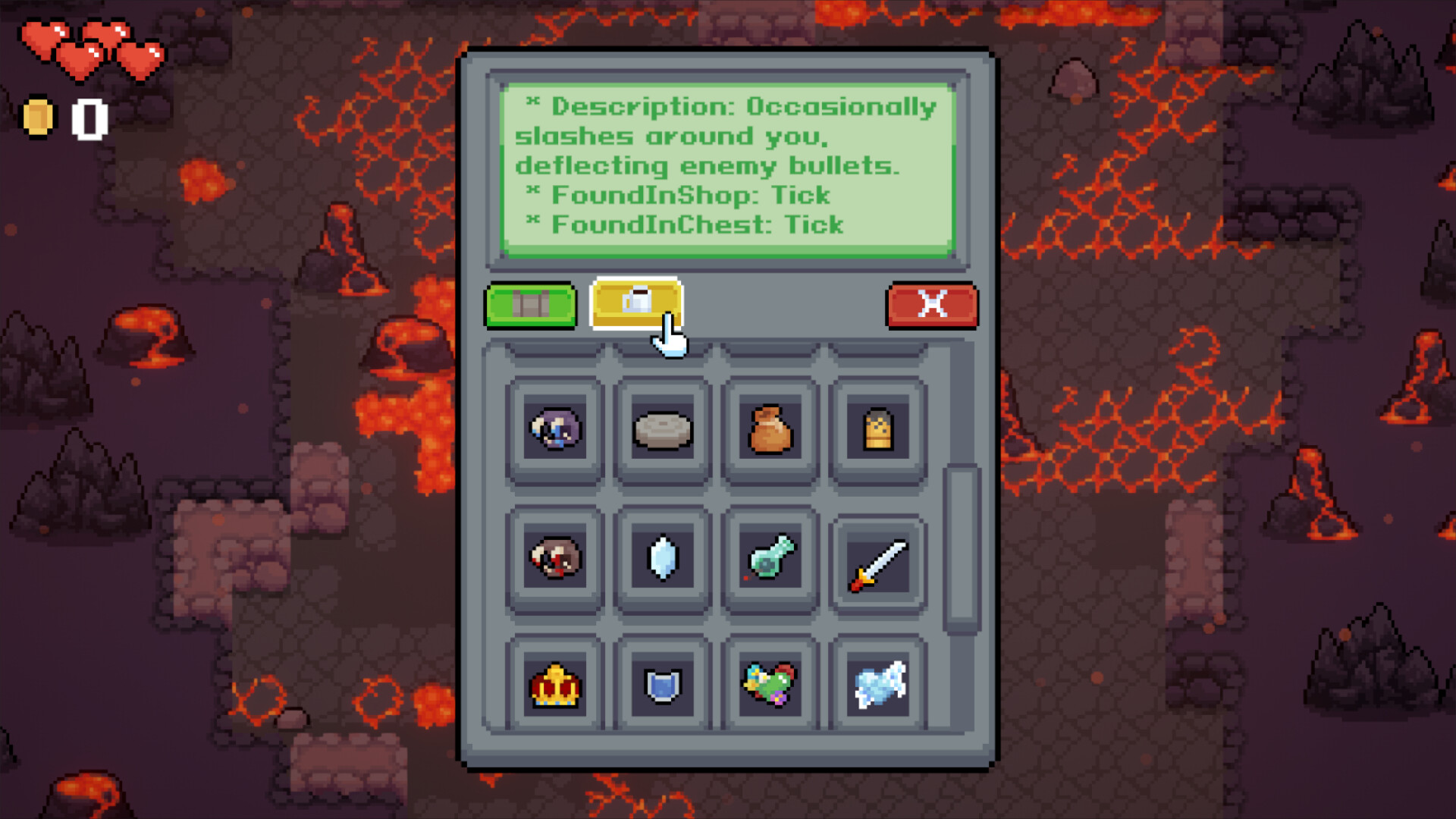 The image shows a pixel-art style video game interface over a volcanic or lava-filled environment with dark rocky ground and glowing red-orange lava pools. In the top-left corner, there are three red heart icons representing the player's health and a coin counter displaying zero. The main focus is a gray inventory or item description window in the center, showing a grid of twelve various item icons, including a sword, shield, crown, bottle, and candy. Above the grid, green text provides a description of a selected item, stating it 'occasionally slashes around you, deflecting enemy bullets,' and notes it can be found in shops or chests. A pixelated white cursor hand is pointing at an icon in the top middle of the interface.
