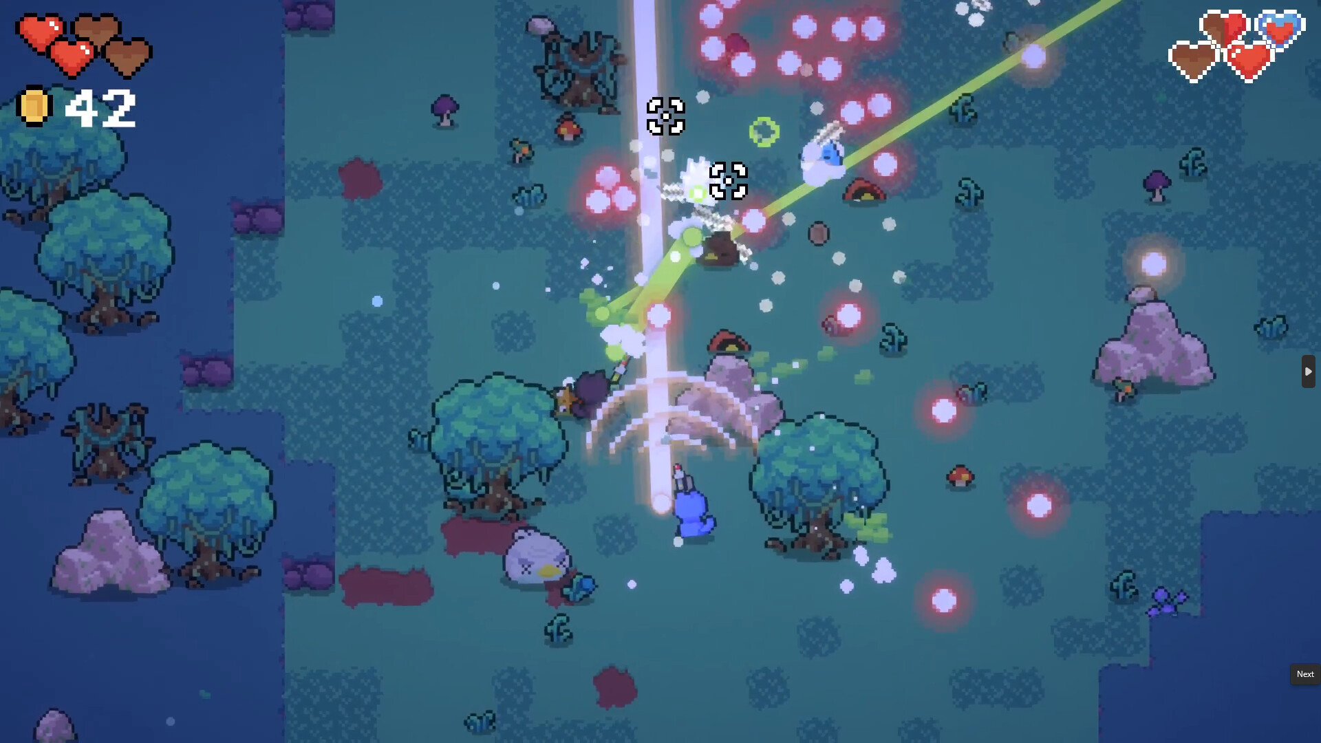 The image depicts a pixel art-style video game scene set in a forested area with greenish-blue ground and scattered trees, rocks, and mushrooms. Two small, character-like figures, one in blue and another in dark colors, are engaged in combat, with bright projectiles, including pink orbs and green beams, flying across the screen. Health indicators and coin counts are visible in the upper corners, showing the players' current status in the game.
