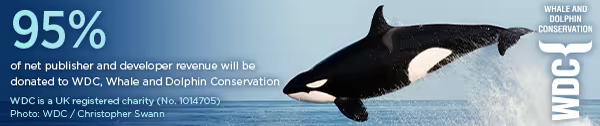 Banner showcasing an Orca with the text "95% of net publisher revenue will be donated to WDC, Whale and Dolphin Conservation. WDC is a UK registered charity (No. 1014705)"