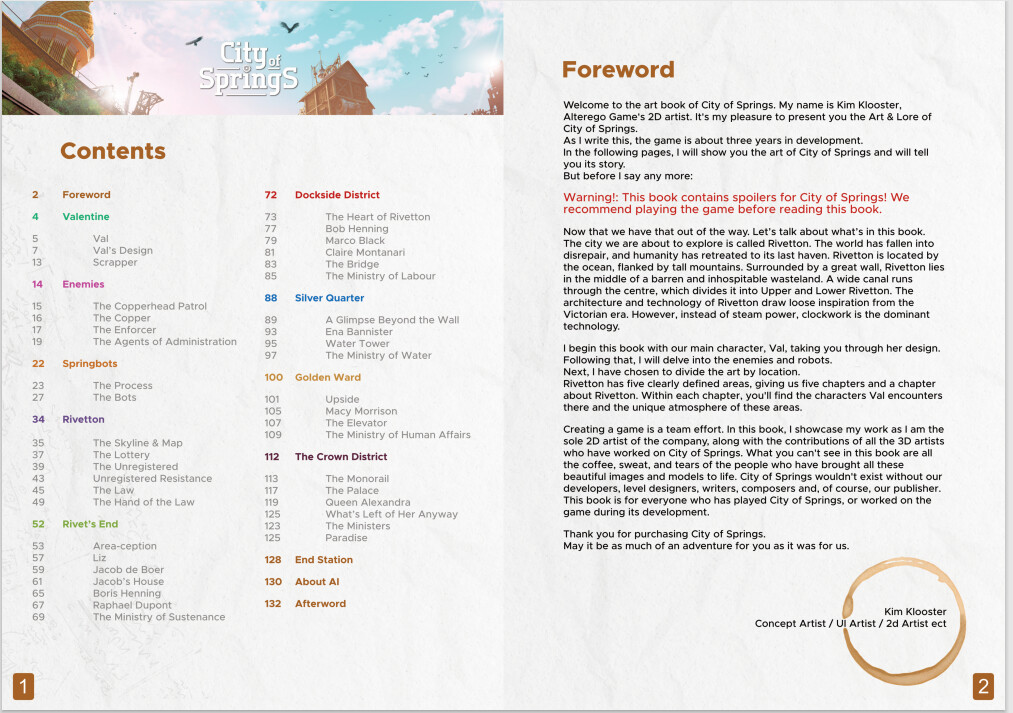 The image shows a two-page spread from the art book of the game 'City of Springs.' The left page features the table of contents, listing chapters and sections with page numbers, divided into seven main areas including Valentine, Enemies, Springbots, Rivetton, Rivet’s End, Dockside District, Silver Quarter, Golden Ward, The Crown District, End Station, About AI, and Afterword. The right page contains the foreword written by Kim Klooster, the game's 2D artist, describing the game's setting of Rivetton, a city divided into upper and lower parts with Victorian-era architecture blended with clockwork technology. The foreword also warns readers about spoilers and expresses gratitude to those who contributed to the game's development. The top of the spread features a header image with a bright sky and steampunk-style buildings, with the title 'City of Springs' prominently displayed. A coffee cup stain motif is visible on the bottom right corner of the foreword page.
