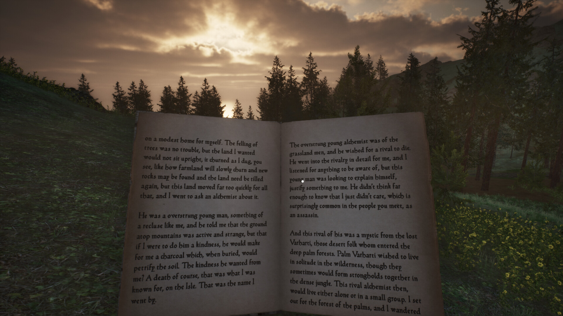 The image shows an open book held outdoors against a backdrop of a grassy hillside and tall pine trees under a cloudy sky lit by the soft, warm light of a setting or rising sun. The text on the pages is clearly visible, written in a dark serif font with some words slightly obscured by the book's curvature. The surrounding landscape is lush and green, with wildflowers visible in the bottom right corner, creating a serene and natural atmosphere. The overall scene combines the intimate focus on the book with the expansive, tranquil forest environment beyond.