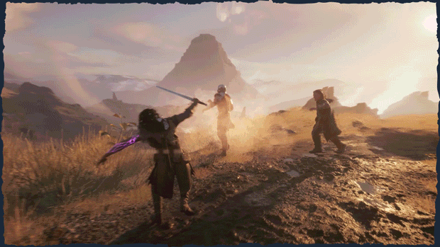 Ảnh động gameplay Echoes of the End: Hai nhân vật đang chiến đấu với một sinh vật bóng tối khổng lồ trong một khung cảnh hoang tàn, sử dụng kiếm và các kỹ năng phép thuật