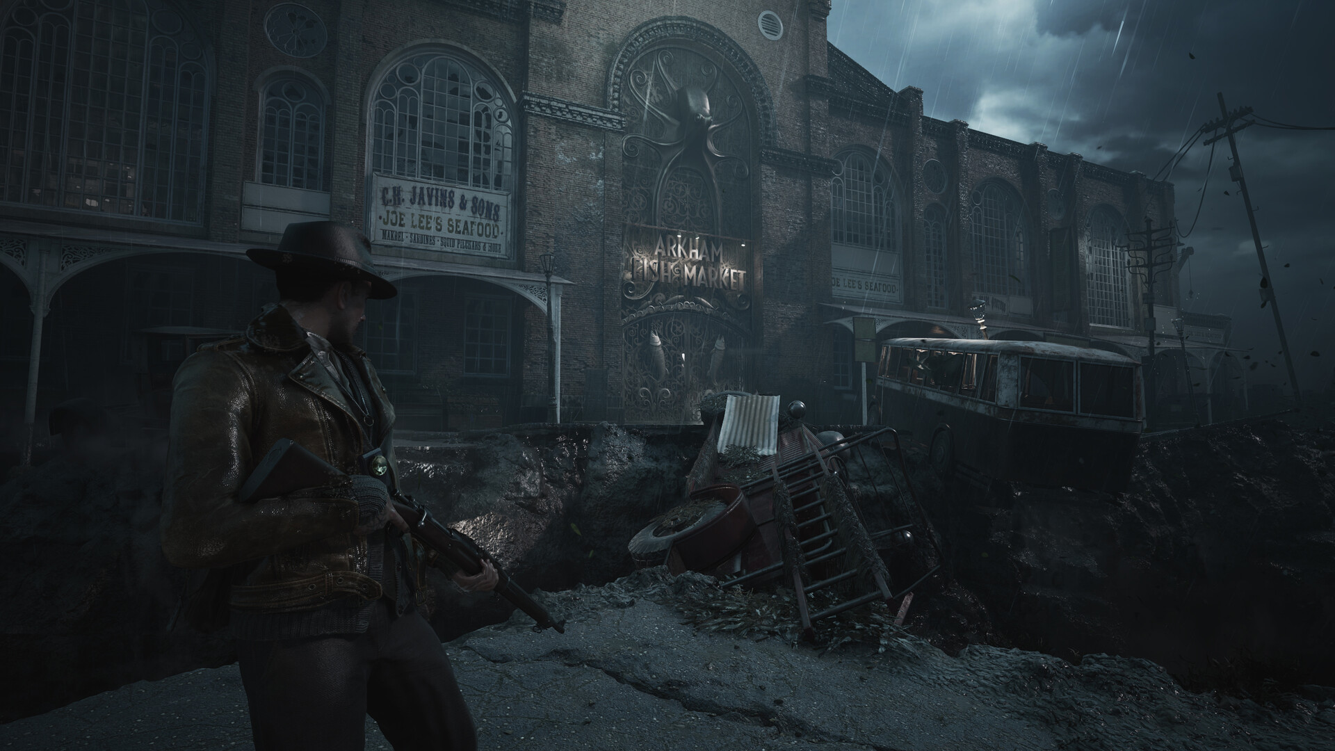 Exterior of Arkham Fish Market at night in heavy rain; the hero stands armed before a massive sinkhole and collapsed bus.