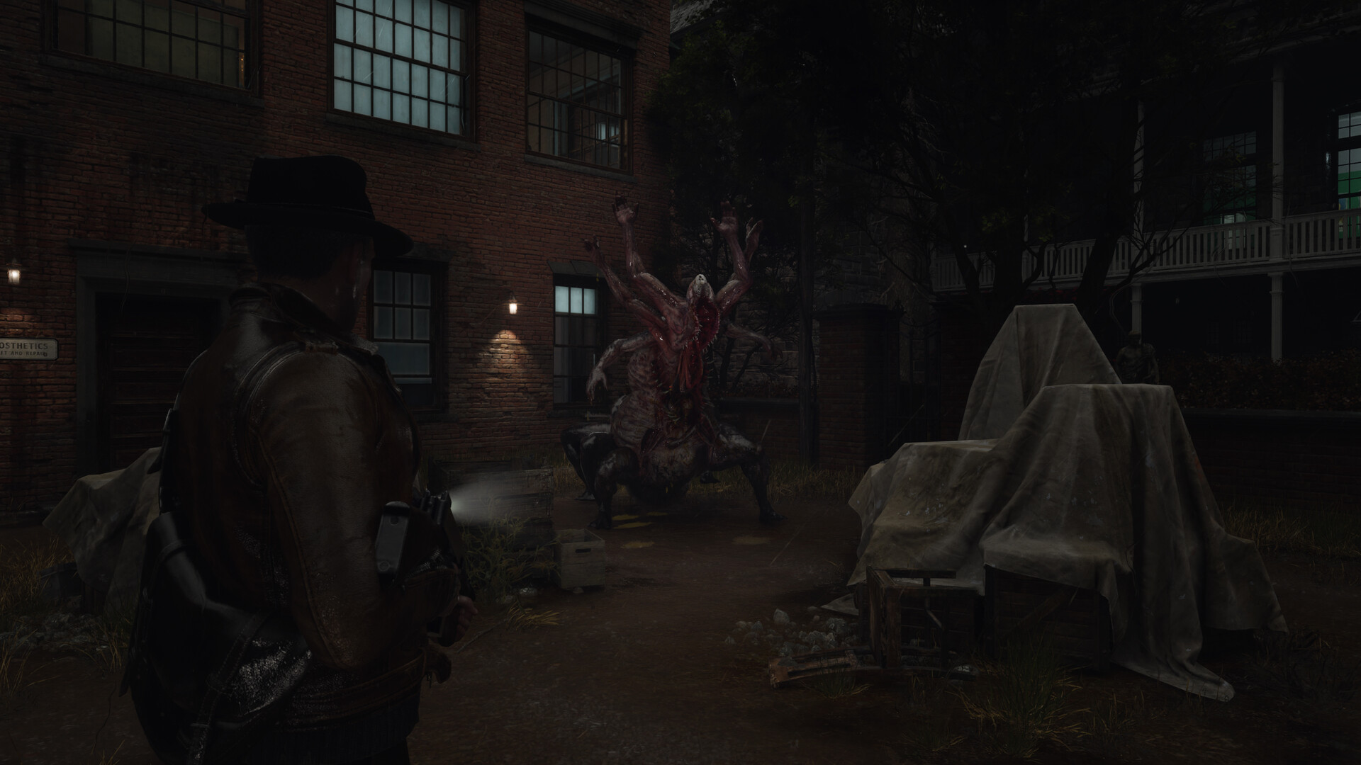 Courtyard boss fight at dusk: towering multi-limbed abomination roars while the hero steadies his weapon across the yard.
