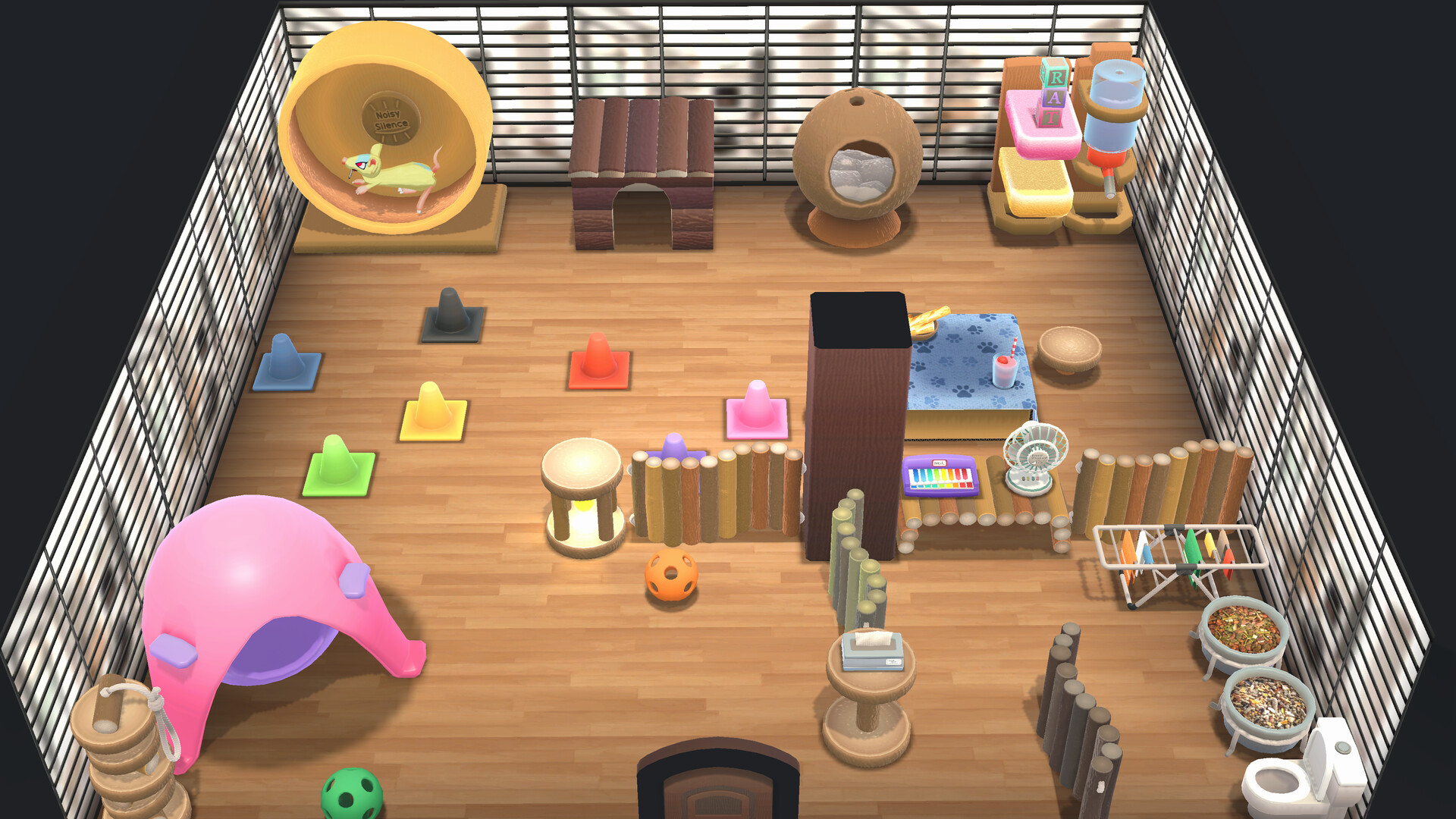 A player's decorated home with rodent enrichment toys like wheels, training balls, or wood bridges.