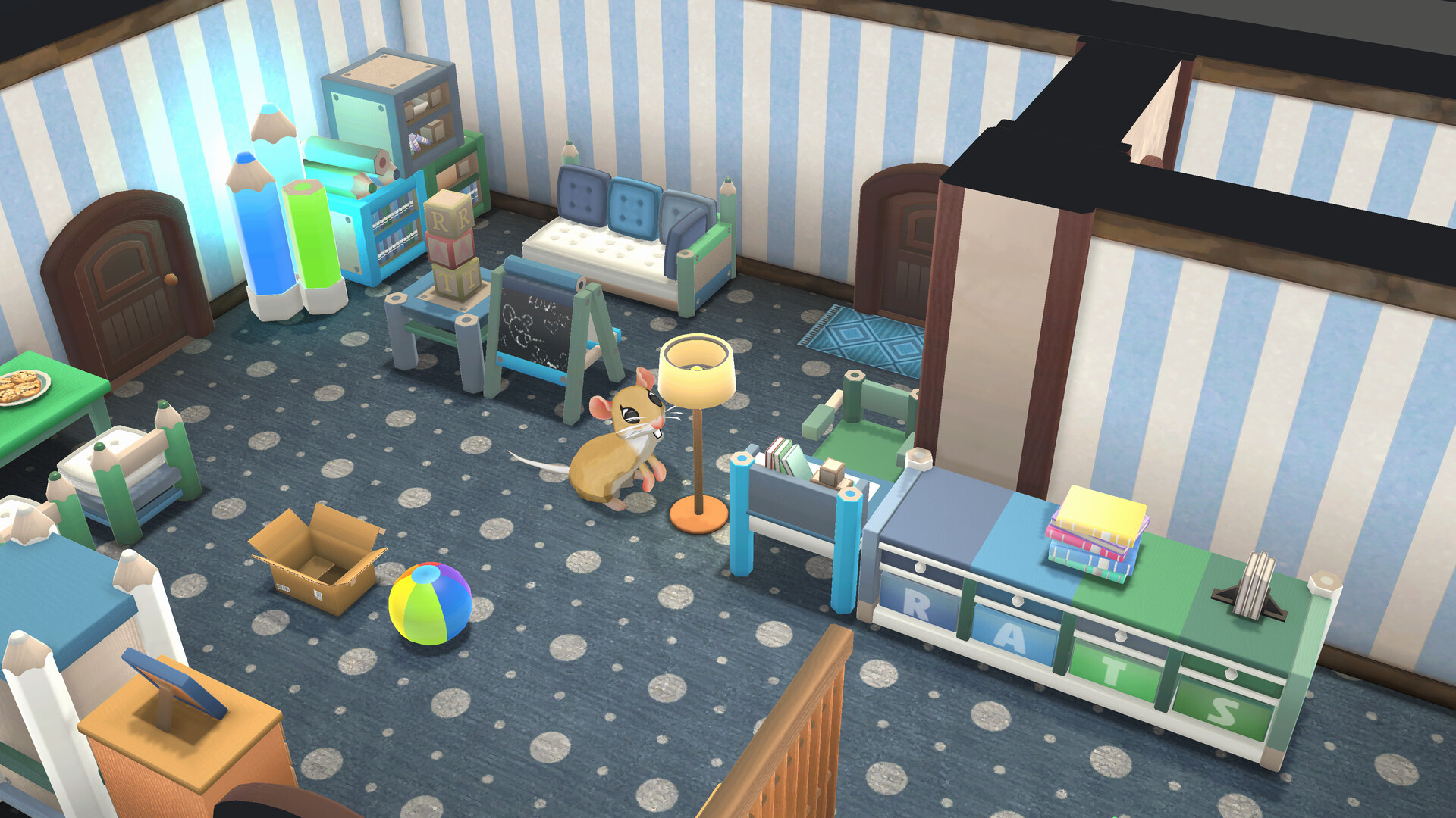 A player's decorated home with a blue carpet, and green and blue wood furniture. The wallpaper is light blue and white stripes. A cute rodent is tanding in the middle