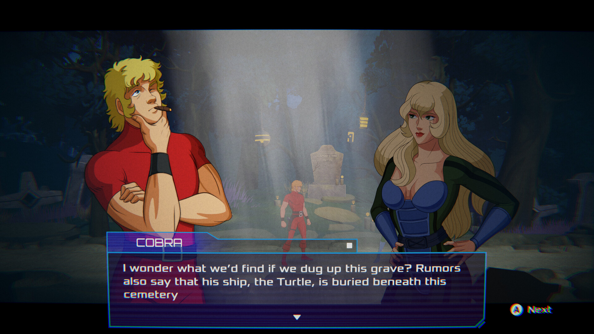 The scene shows two animated characters standing in a dark, misty cemetery at night. On the left is a muscular blonde man in a tight red shirt, smoking a cigar and thoughtfully stroking his chin, while on the right stands a blonde woman with long hair wearing a dark green and blue outfit, her hands resting on her hips. In the background, a gravestone marked 'Captain Cobra' is illuminated by soft light filtering through the surrounding trees, with steps leading up to it. Text at the bottom of the image displays a dialogue from the man, speculating about digging up the grave and mentioning rumors of a ship called the Turtle buried beneath the cemetery.