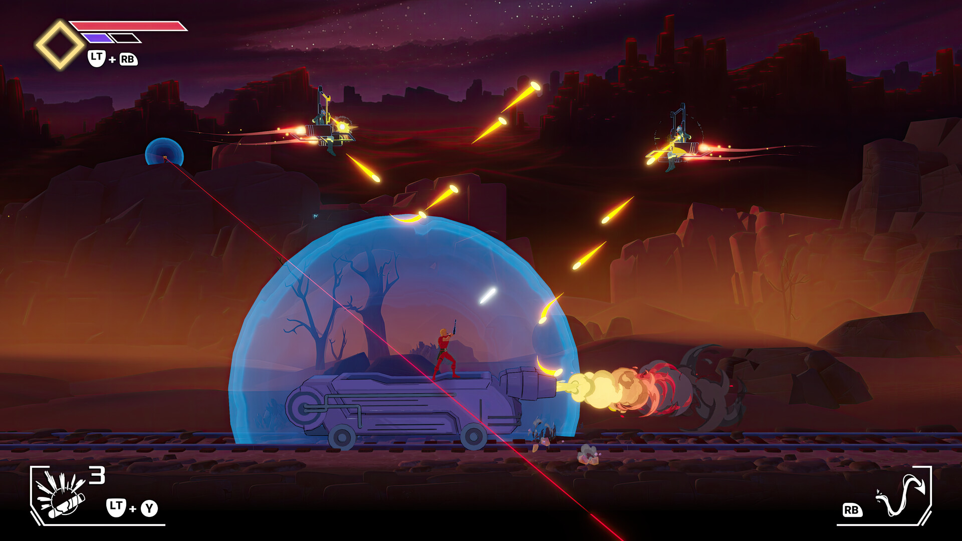 The image depicts a futuristic, action-packed scene set in a rocky, desert-like environment at night with a dark purple sky. A character in red armor stands on top of a large, armored vehicle moving along train tracks, surrounded by a translucent blue protective energy shield. The character is firing a weapon while multiple glowing yellow projectiles streak through the air, coming from flying enemy drones equipped with cannons. Red laser beams and explosions add to the intense combat atmosphere. User interface elements showing controls and ammunition are visible in the corners of the screen, indicating this is a moment from a video game.