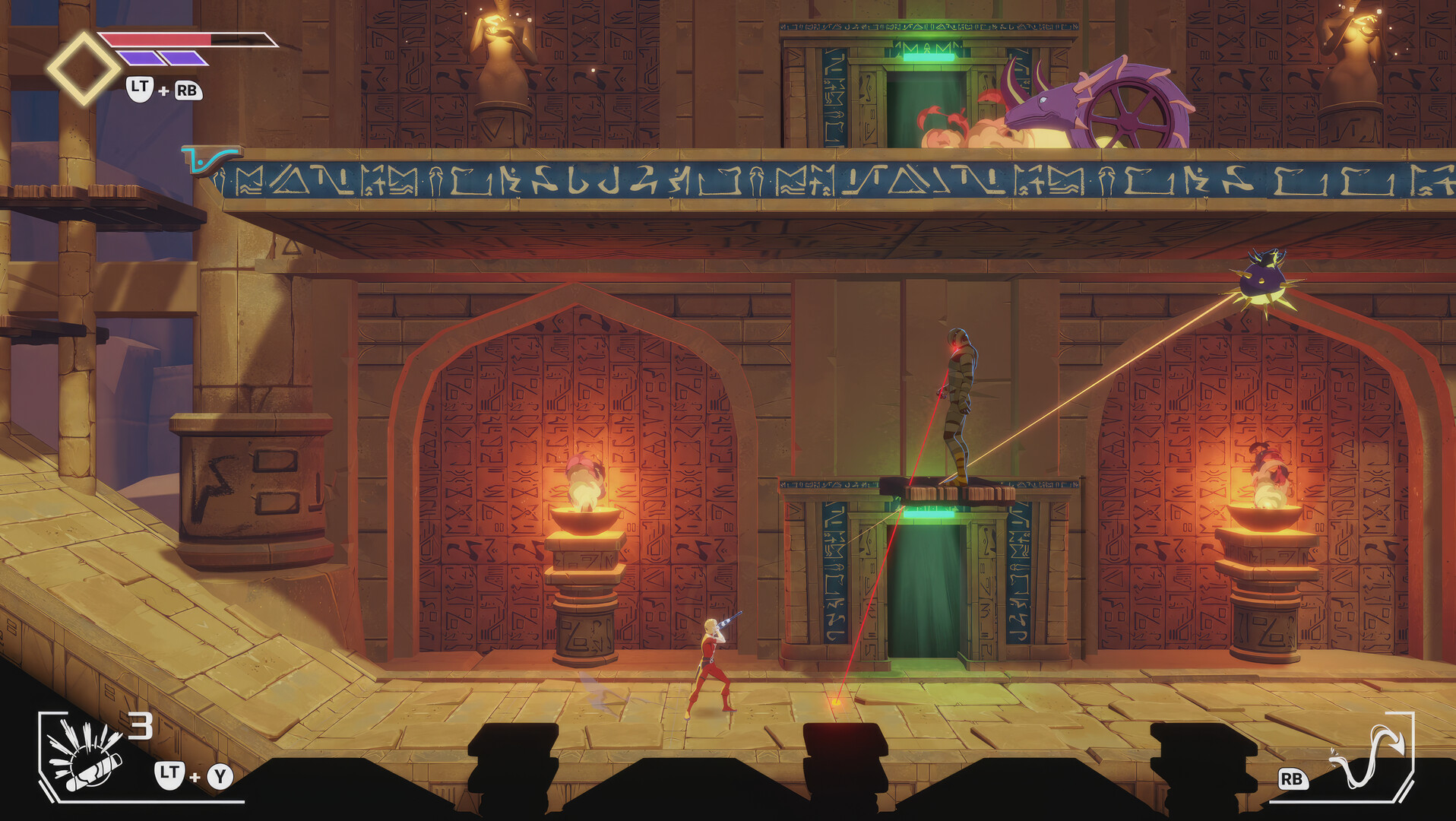 The image depicts a side-scrolling video game scene set inside an ancient, hieroglyph-covered temple with large stone walls and glowing braziers emitting flames. On the lower level, a character in red armor is aiming a weapon upward toward an enemy standing on a small platform above a doorway, who is emitting red laser beams from their eyes. To the right, a spiked ball enemy is suspended in the air, firing a yellow laser beam diagonally toward the lower level. The temple's upper level features a large, mechanical, dragon-like creature near another doorway. Various game HUD elements, including health bars and button prompts, are visible in the corners of the screen.