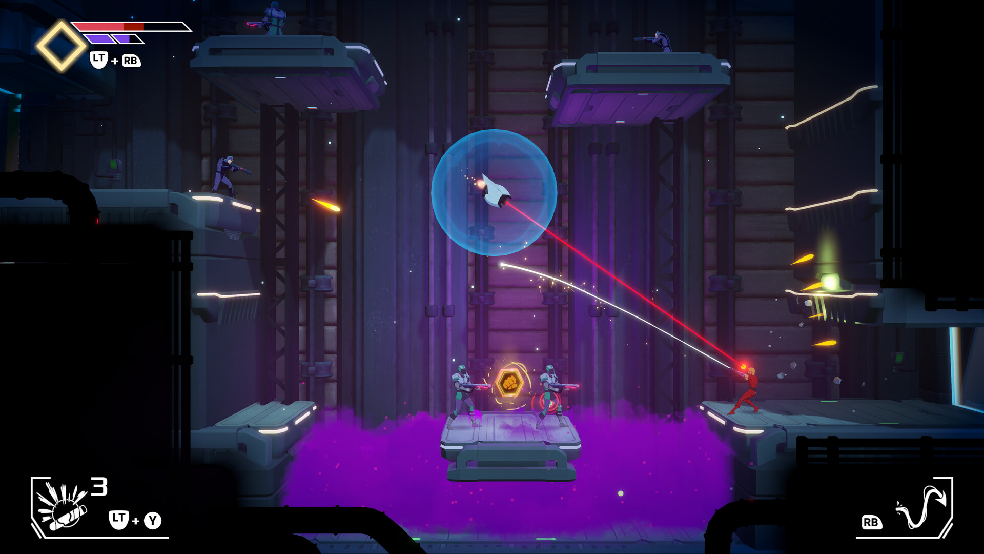 The image depicts a futuristic, side-scrolling video game scene set in a dark industrial environment with platforms suspended above a purple, glowing substance. A character on the right side, dressed in red, is shooting a weapon that emits a red laser beam aimed at a hovering robotic drone surrounded by a blue energy shield in the center of the scene. Two armored enemies with guns stand on a platform in the middle, flanking a glowing hexagonal icon, while additional armed enemies are positioned on elevated platforms on the left and right sides. The heads-up display elements show health bars, weapon indicators, and control prompts.