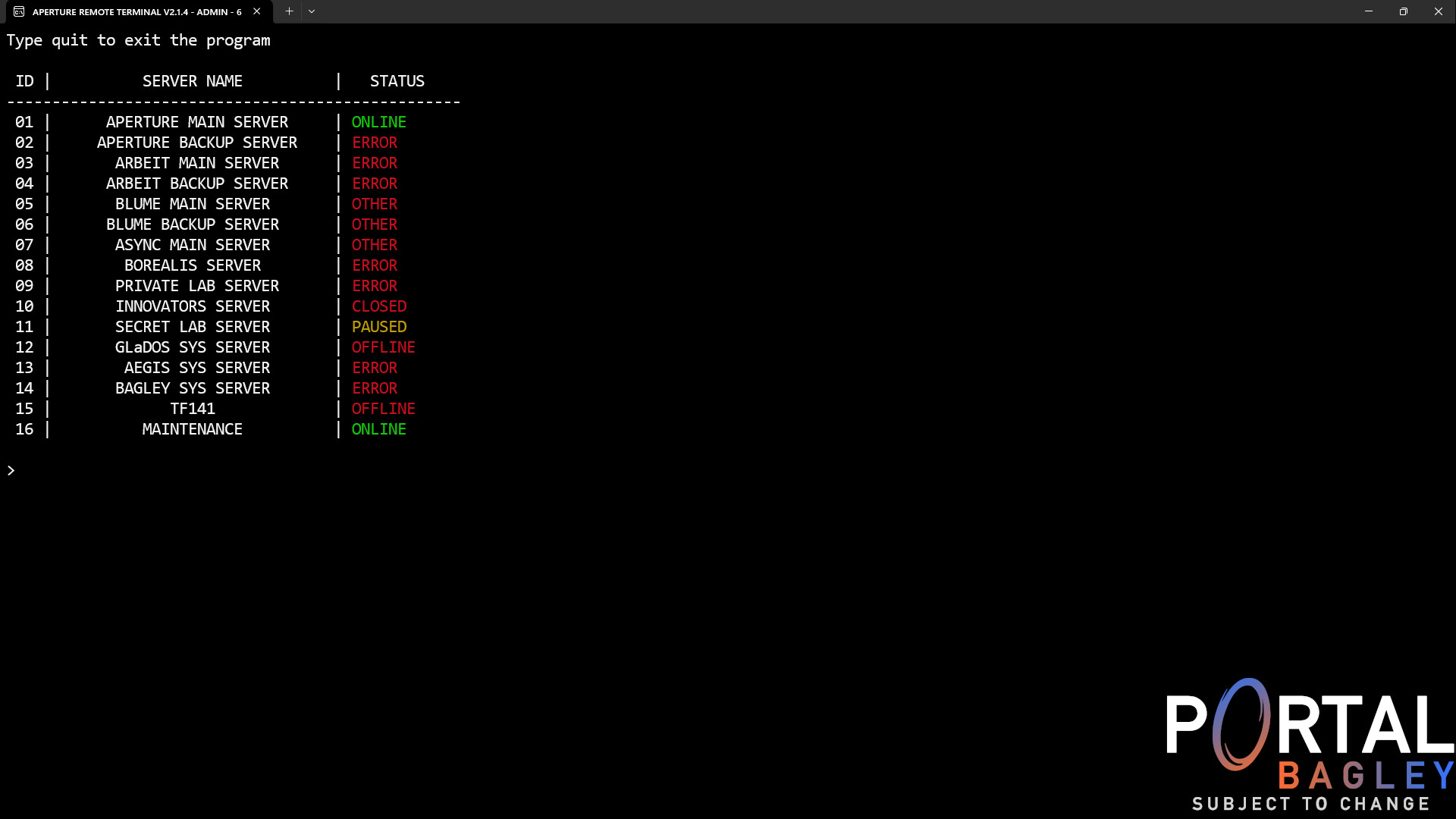 Portal BAGLEY - Aperture Remote Terminal screenshot 1