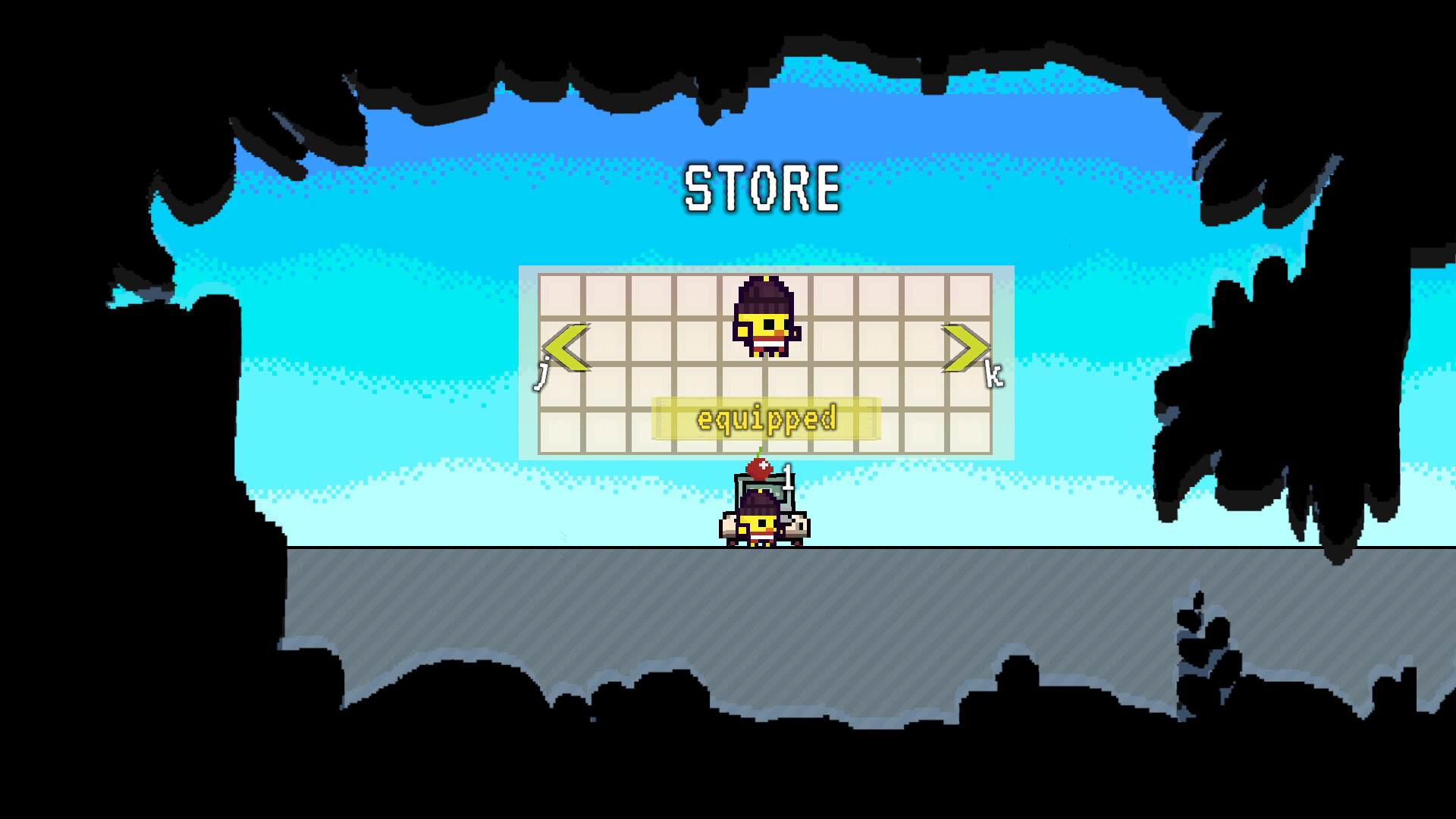The image shows a pixelated video game screen with a character standing on a gray platform against a blue sky background. Above the character, there is a 'STORE' menu interface displaying a grid with a small pixelated helmet icon, which is highlighted and marked as 'equipped' in yellow text. Black silhouetted shapes frame the scene on the top and sides, resembling an irregular cave or cavern opening.