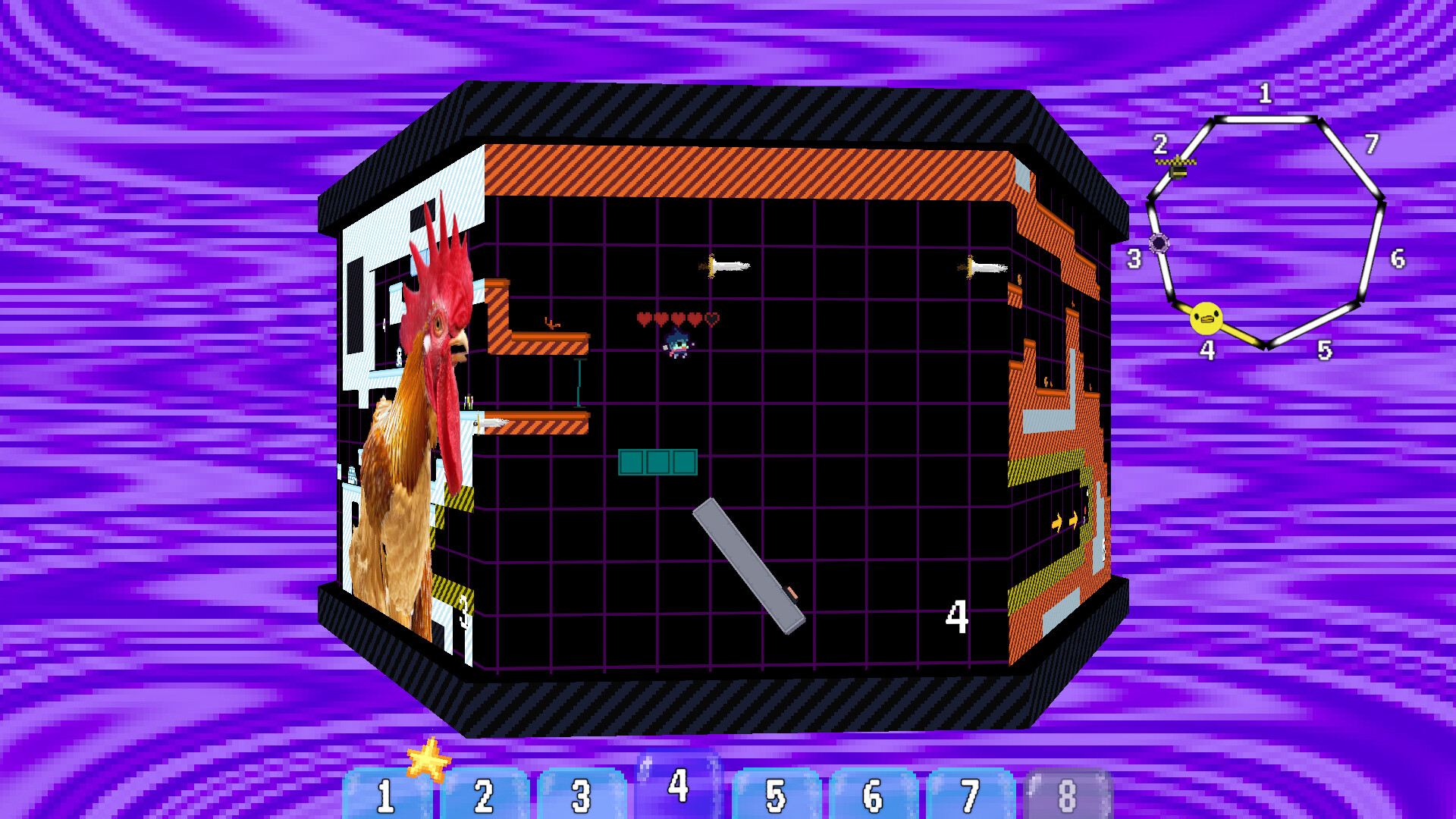 The image depicts a retro-style, cube-shaped video game level with a black grid background and orange and white platform elements. A large, realistic rooster appears to be superimposed or integrated on the left side of the cube, creating a striking contrast with the pixelated game environment. On the screen, a small character with a health bar of hearts above it is visible, along with various platforms, swords, and a numeric interface at the bottom and a circular level map on the upper right, all set against a swirling purple backdrop.