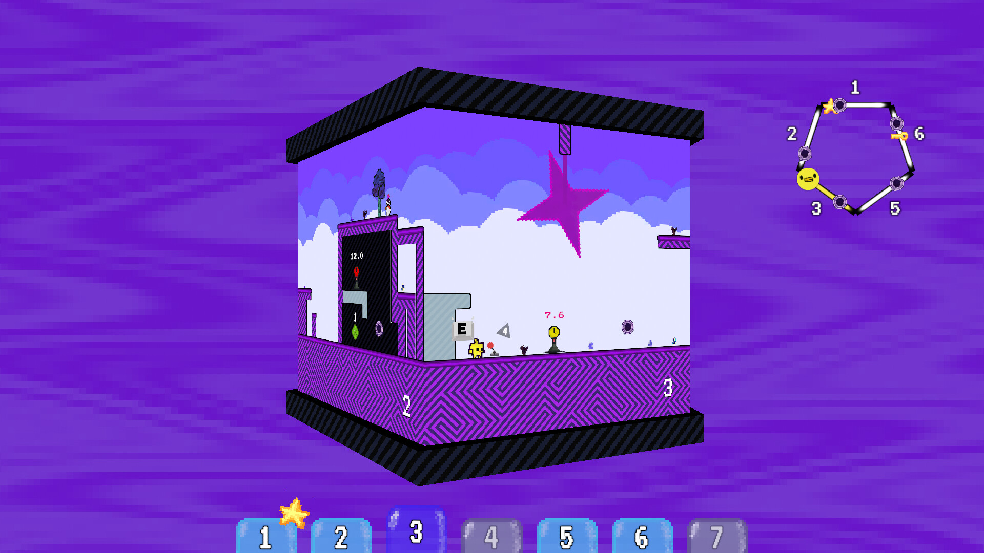The image shows a colorful, cube-shaped 3D game environment with a predominantly purple and black geometric patterned exterior. The visible side of the cube features a pixel-art style platform scene with various small characters, numbers, and objects scattered around, including a bright pink star hanging from the top. On the top-right corner, there is a circular map or diagram with numbered nodes connected by lines, and the bottom of the image displays a row of numbered blue and gray buttons or icons on a purple background. The overall aesthetic is vibrant and retro-inspired.