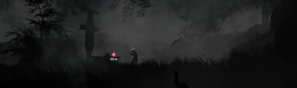 Cảnh ban đêm game The Legacy, nhân vật đứng gần xác máy bay rơi trong rừng, không khí u ám, chỉ báo nhiệm vụ.