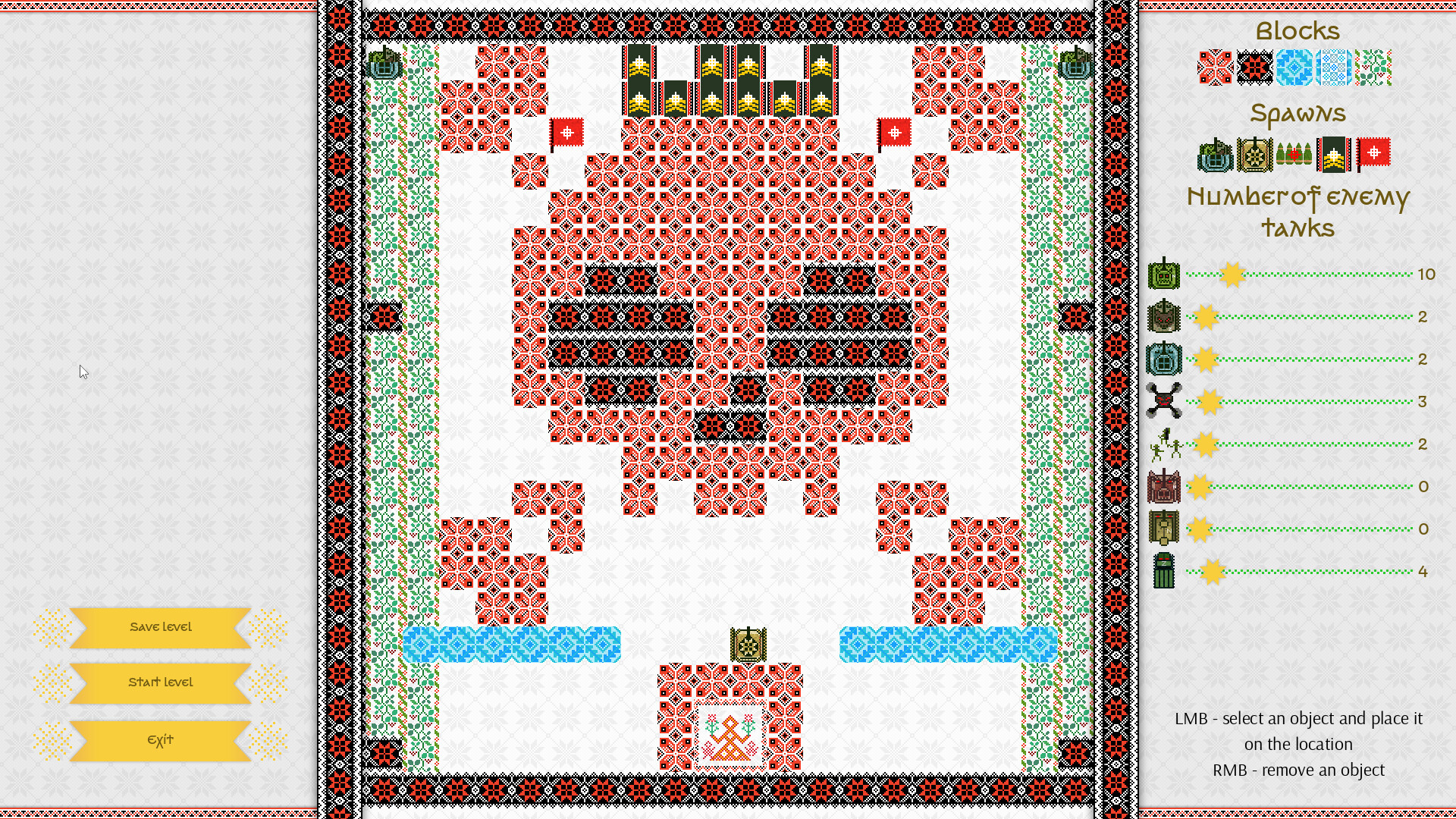 The image depicts a video game level editor interface centered around a pixel-art map resembling a large red skull with black eye sockets and a dark nose, created from intricate patterned blocks. Surrounding the skull are various colored tiles forming borders and decorative elements, including green patterned vertical strips with small tank icons, blue water-like blocks near the bottom, and a few red flags. To the right of the map, there is a legend displaying different block types, spawn points for enemy tanks, and a numerical count indicating the number of enemy tanks of various types present in the level. On the left side, three yellow buttons labeled 'Save Level,' 'Start Level,' and 'Exit' are stacked vertically. Instructions for object placement and removal are displayed below the legend. The entire scene is framed with a decorative black and red patterned border.