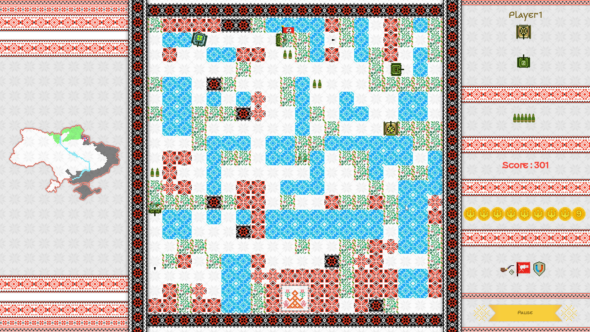 The image shows a pixelated, top-down view of a maze-like board game with a patchwork design inspired by traditional Eastern European embroidery patterns. The game map consists of interconnected sections colored in red, blue, green, and white, with various small icons representing tanks, ammunition, and obstacles scattered throughout the maze. To the left, there's a stylized map of Ukraine with different regions shaded in green, blue, and gray, while the right side shows the player’s statistics, including a score of 301, tank icons, ammunition count, and a row of gold medals or coins, all bordered by ornamental red and black embroidery patterns.