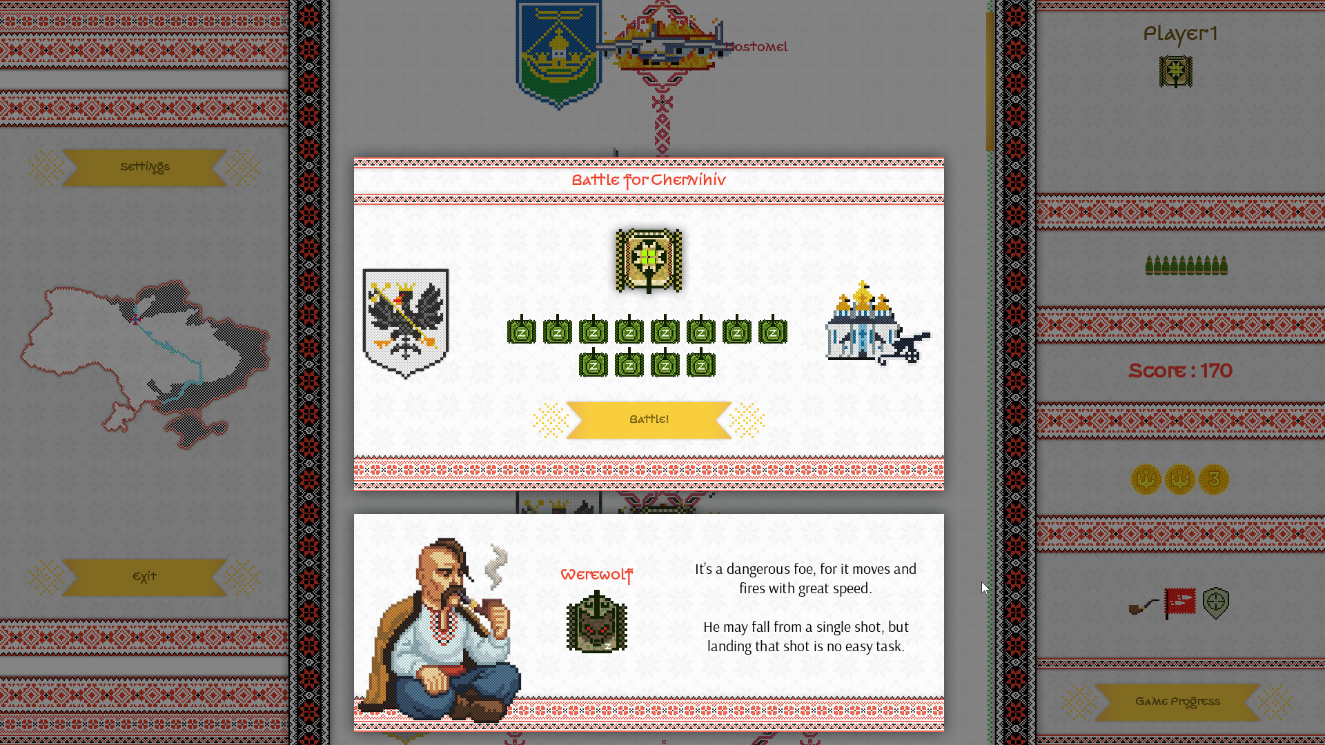 The image shows a pixel art-style game interface titled 'Battle for Chernihiv.' At the center, there are two crests-one on the left featuring a black bird with a sword and another on the right depicting a church with golden domes-flanking a line of ten green pixelated tanks arranged in two rows. Below is a yellow banner button labeled 'Battle!' In the lower part of the screen, there is an illustrated character sitting cross-legged, smoking a pipe, labeled 'Werewolf,' accompanied by a small icon of a tank with red eyes. Text next to the character describes the foe as fast and difficult to defeat in a single shot. The screen is bordered with traditional red and black Ukrainian embroidery patterns.
