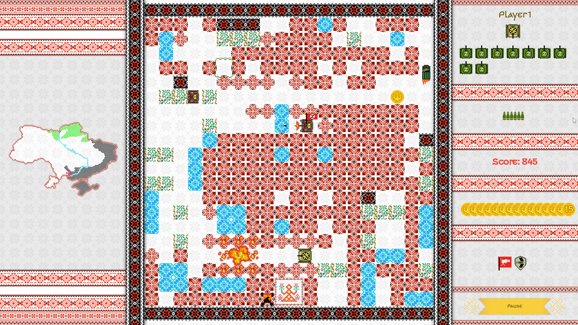 The image shows a pixelated video game screen framed by traditional red, black, and white decorative patterns reminiscent of Eastern European embroidery. The main game area features a maze-like map filled with red floral motifs, interspersed with blue water tiles, green grass patches, and black obstacles. A small character is visible near the bottom center, with explosions and various icons, including coins and enemy figures, scattered throughout the map. On the right side, a game interface displays the player's name, ammunition or item icons, the current score of 845, and a pause button at the bottom. The left side shows an outlined map of Ukraine with regions marked in different colors.