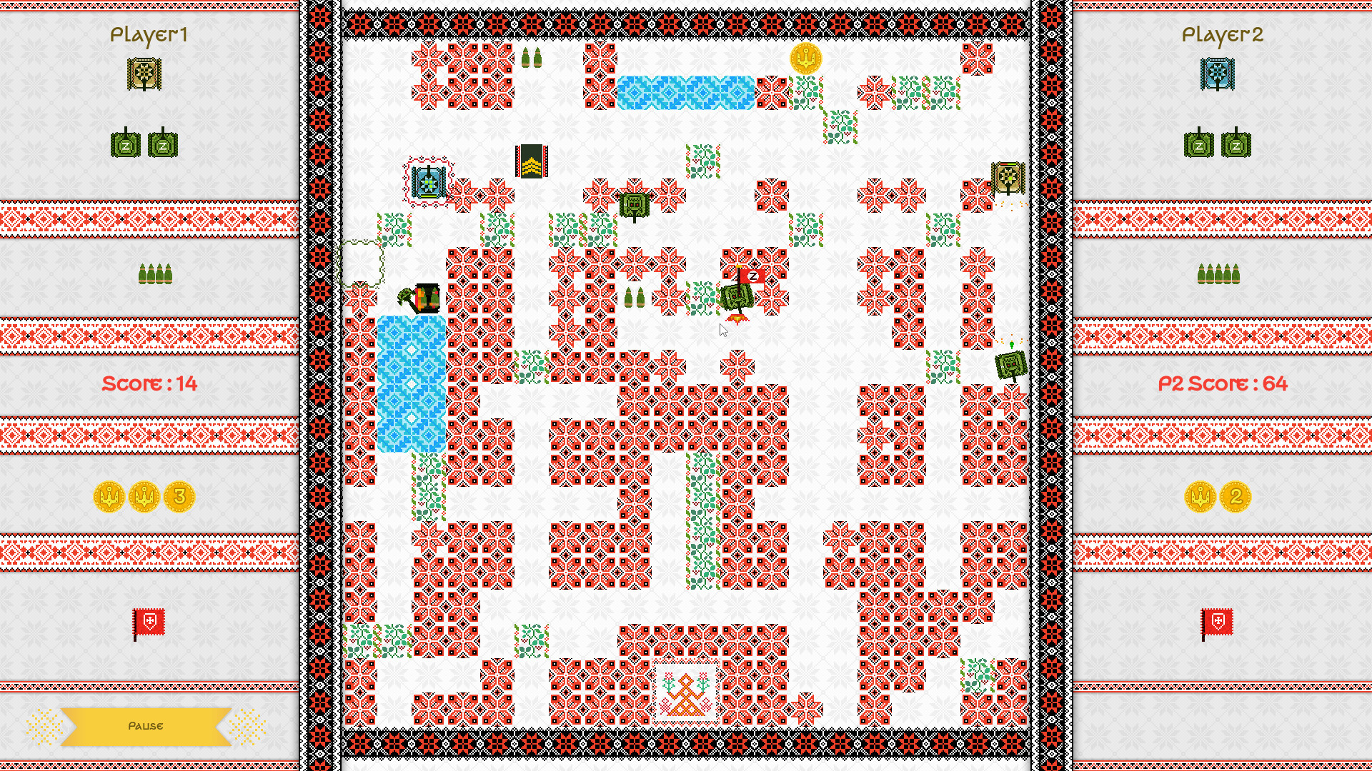 The image shows a pixelated, top-down view of a two-player tank battle game set on a patterned battlefield with a white background and decorative red, green, and blue tiles arranged to form paths and obstacles. Two tanks, one for each player, are navigating the map, with Player 1's tank in green located near the center and Player 2's tank in blue positioned toward the upper left. The left and right sides of the screen display player information, including scores (14 for Player 1 and 64 for Player 2), ammunition icons, and medals. The game interface is bordered by an ornamental black and red pattern, creating a visually distinct frame around the play area.