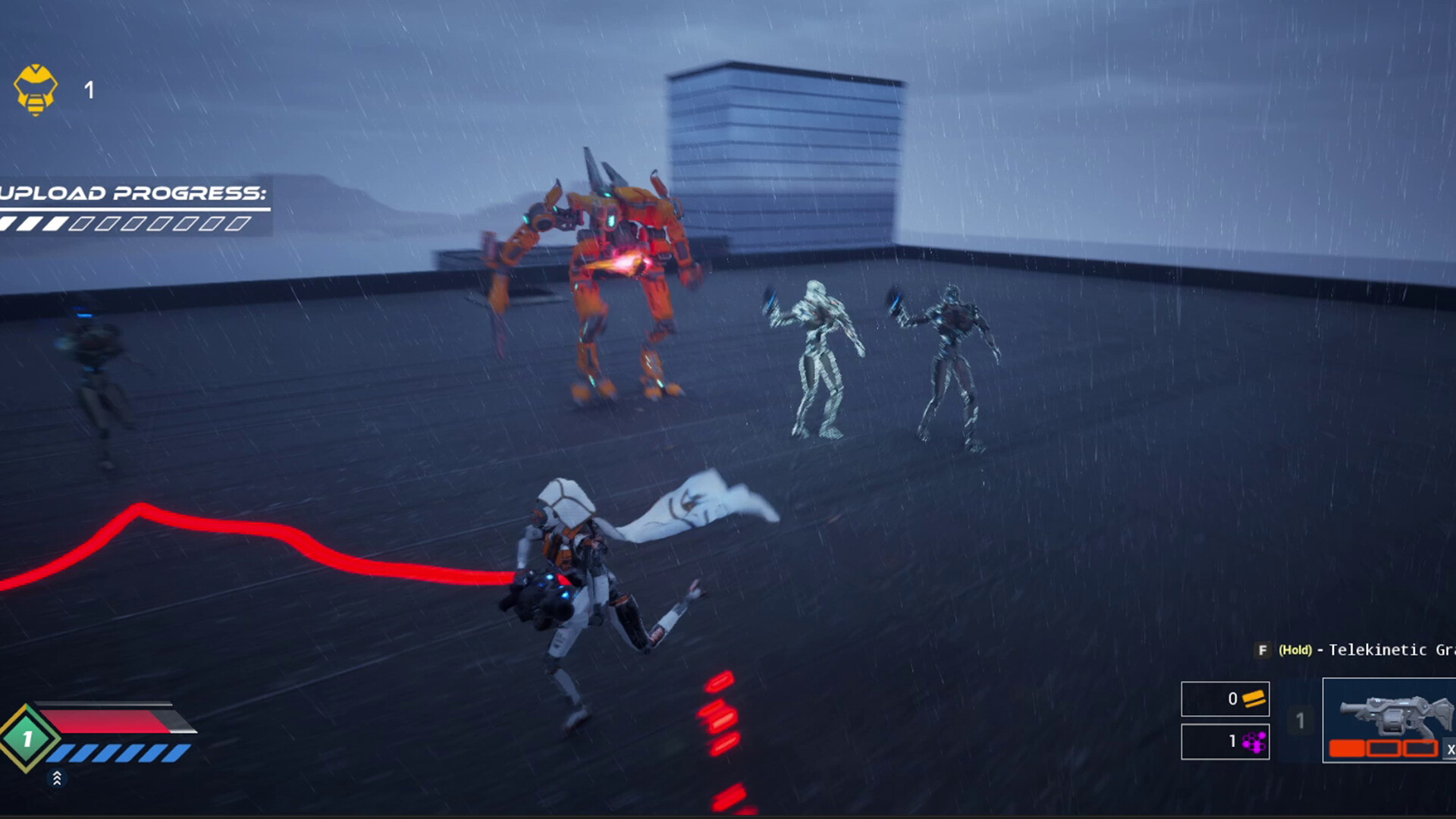 The image depicts a futuristic battle scene set on a rooftop during a rainstorm. In the foreground, a humanoid character wearing a white and orange suit with a flowing white cape is mid-action, seemingly engaging in combat. Facing this character are several robotic enemies: two humanoid robots glowing with a bluish outline, a large orange mech with bright blue lights, and another darker robot on the far left. The scene includes user interface elements indicating game progress, health, and controls, suggesting this is a moment captured from a video game.