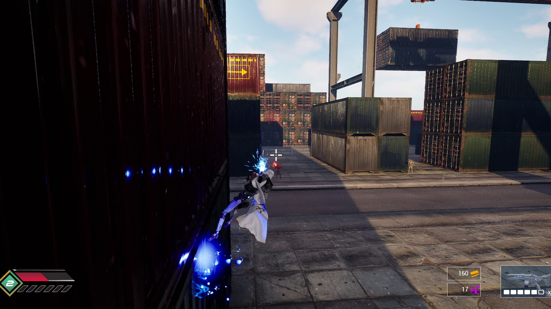 The image depicts a futuristic combat scene set in an industrial shipping yard filled with large, stacked cargo containers in various shades of green and red. A humanoid figure, possibly a robot or a character wearing advanced armor with glowing blue highlights, is seen mid-action, firing a weapon that emits blue sparks while leaning against a dark red container. In the background, another figure stands near the containers, and the environment is bathed in daylight with clear skies, casting long shadows on the concrete ground. HUD elements displaying ammunition and weapon information are visible in the corners of the screen.