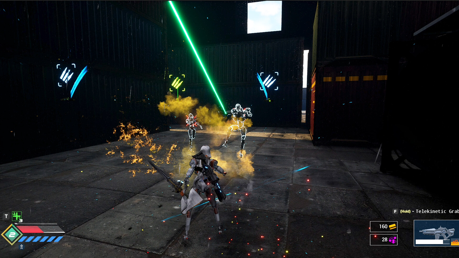 The image shows a futuristic combat scene in a dark, industrial environment with metal walls and a concrete floor. A humanoid character in armor, holding a large sword and a rifle, faces two glowing robotic enemies; one of the enemies is firing a bright green laser beam. There are fiery explosions and smoke around the characters, along with various digital HUD elements indicating health, ammunition, and abilities in the corners of the screen, suggesting this is a moment from a video game.