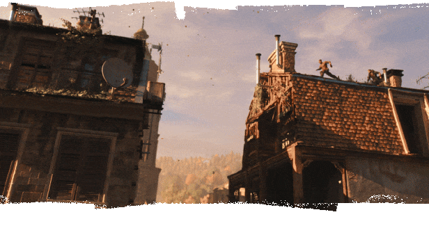 Dying Light The Beast: Nhân vật parkour trên mái nhà, chạy trốn khỏi kẻ thù.