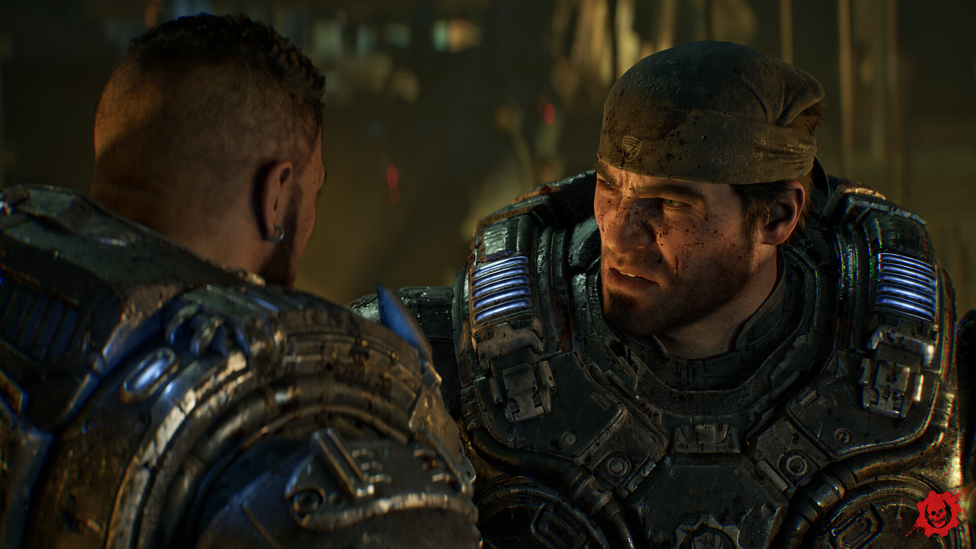 Marcus Fenix and Dom Santiago face each other during the Locust invasion in Gears of War: E-Day