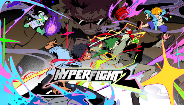 Official HYPERFIGHT 2 Steam capsule: a red headband fighter in a blue jacket clashes with a green-haired lightning brawler while a frog doctor and a yo-yo girl fly in under a giant sunglasses face (studio joh)