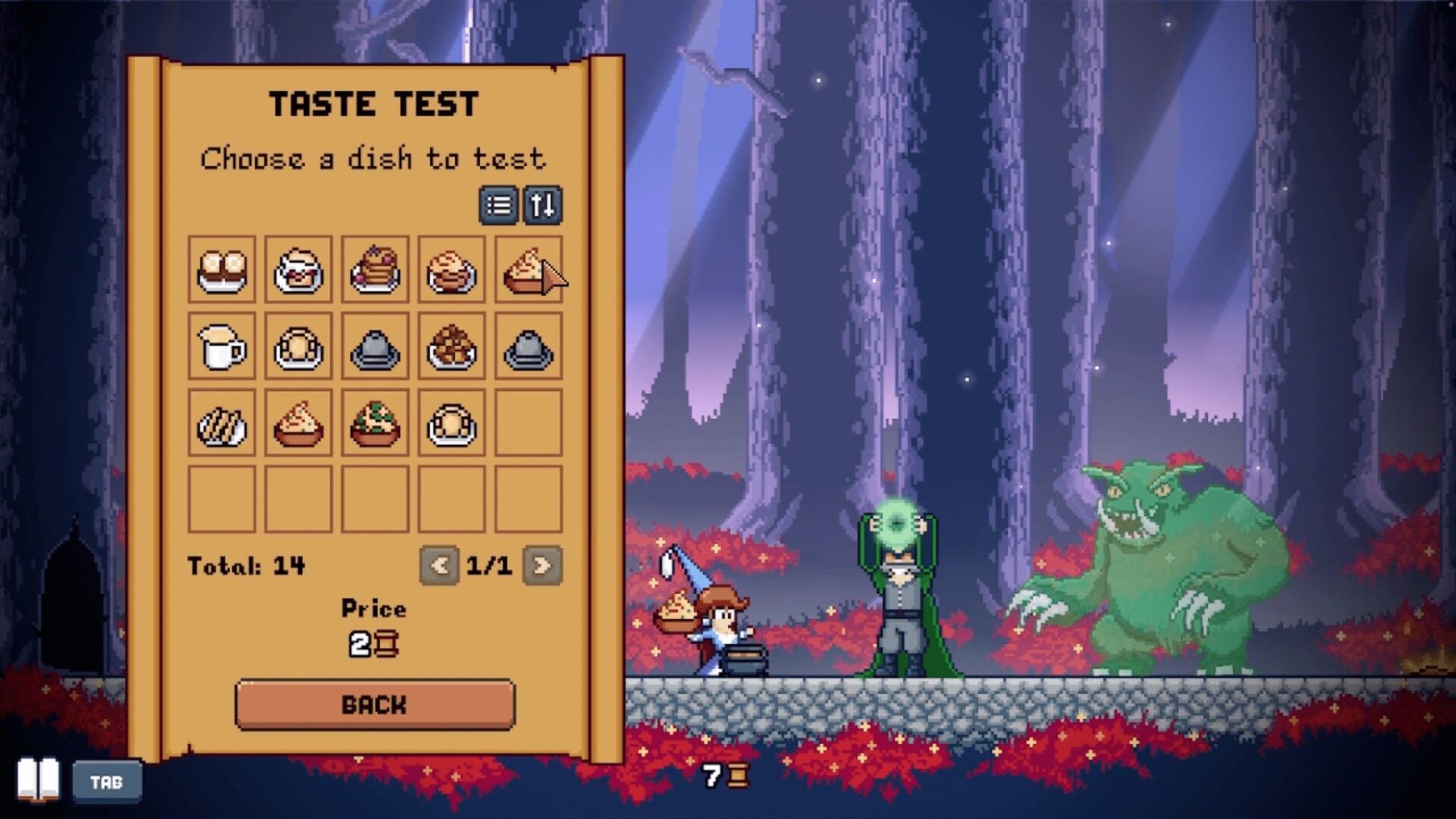 The Princess participates in a Taste Test event in Hungry Horrors, selecting a dish from her cookbook while a mysterious figure raises a glowing orb beside a green troll in an autumn forest.
