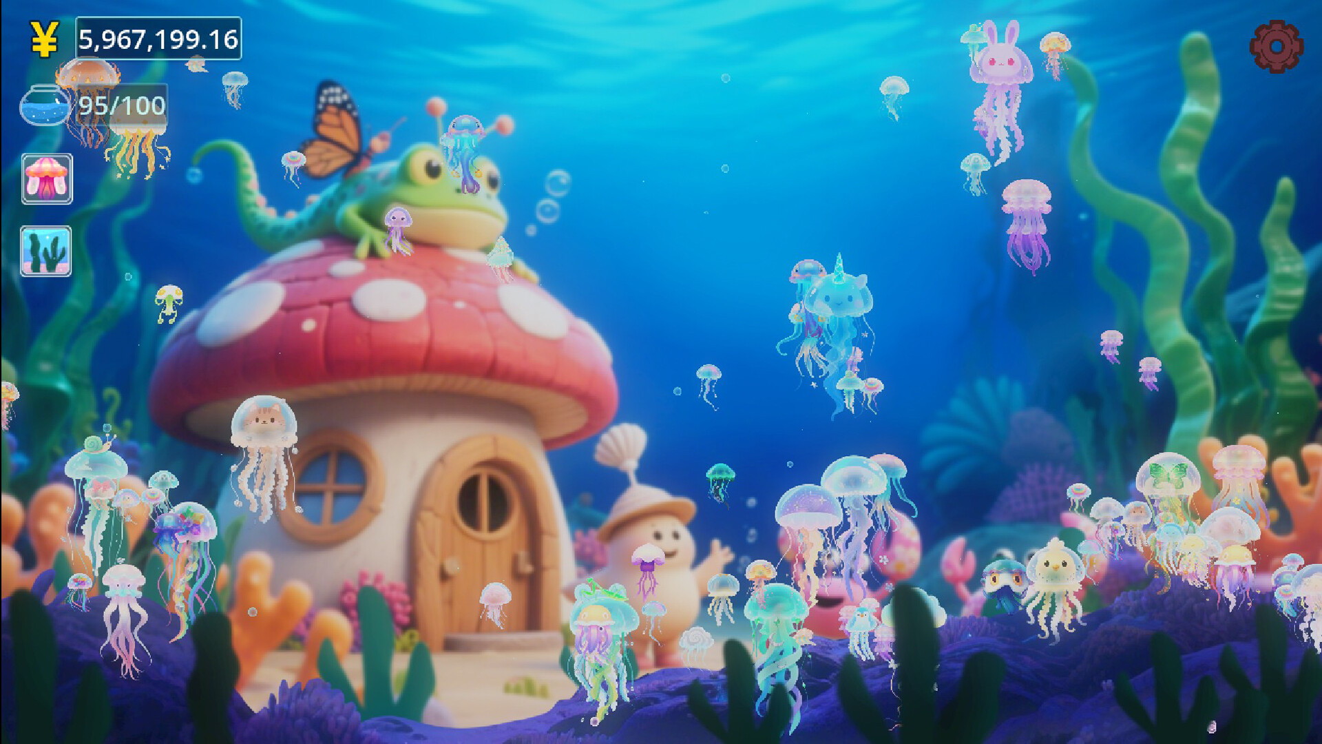 The image depicts an underwater scene with a whimsical mushroom-shaped house featuring a red cap with white spots and a wooden door and window. Surrounding the house are various colorful jellyfish, many of which have playful animal and character designs, such as a cat, a bunny, and a frog, all floating gently in the vibrant blue water. In the background, there is a smiling, round character with a seashell hat waving, and the scene is filled with aquatic plants and coral, creating a magical, lively underwater environment.