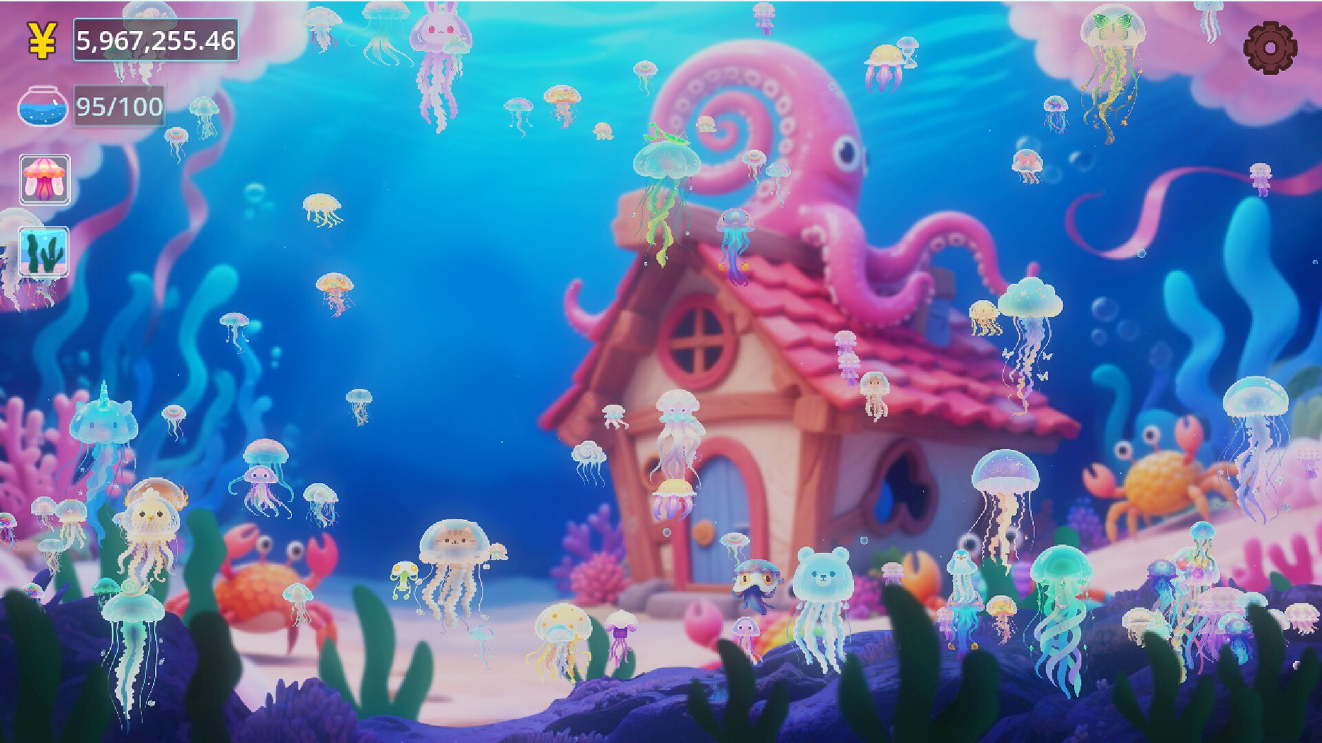 The image depicts an underwater scene filled with numerous colorful jellyfish, each uniquely designed, some resembling animals like bears, rabbits, and unicorns. In the background, there is a whimsical house with a red-tiled roof, windows, and a large pink octopus wrapped around it. The seafloor is decorated with coral, seaweed, and a large orange crab, creating a vibrant and playful aquatic environment.
